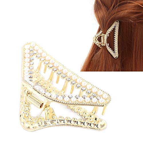 Elegant Rhinestone & Pearl Metal Claw Hair Clips for Women - Non-Slip Hair Accessories to Secure Hair - Perfect for Weddings, Parties & Everyday Styling (Triangle Shape)