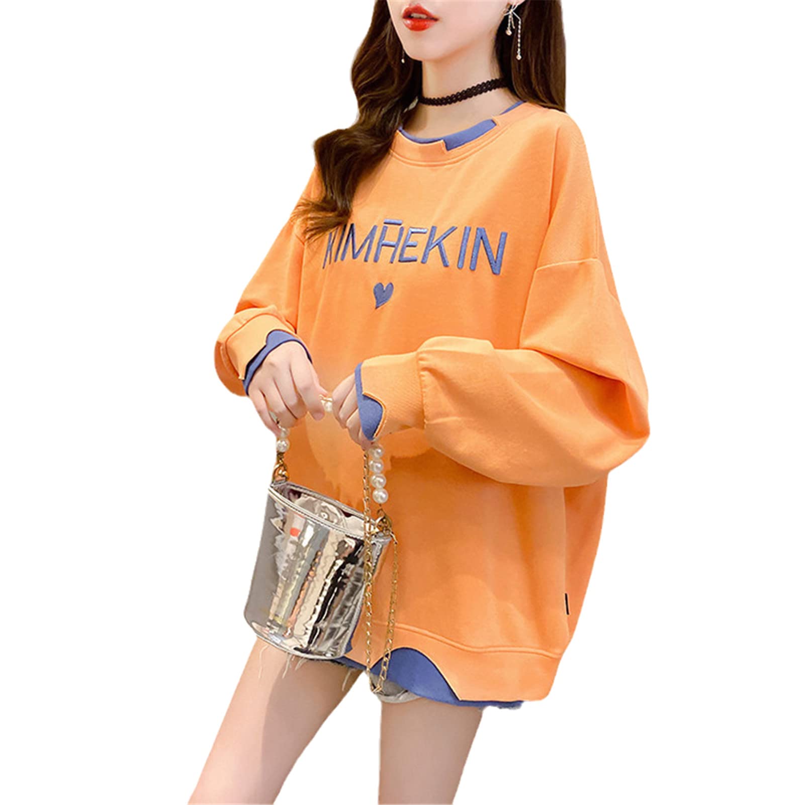 Women's Spring Casual Korean Style Hoodie - Fake Two Letter Embroidery Long Sleeve Loose Streetwear Sweatshirt | Perfect for Everyday Wear, Street Fashion & College Outfits