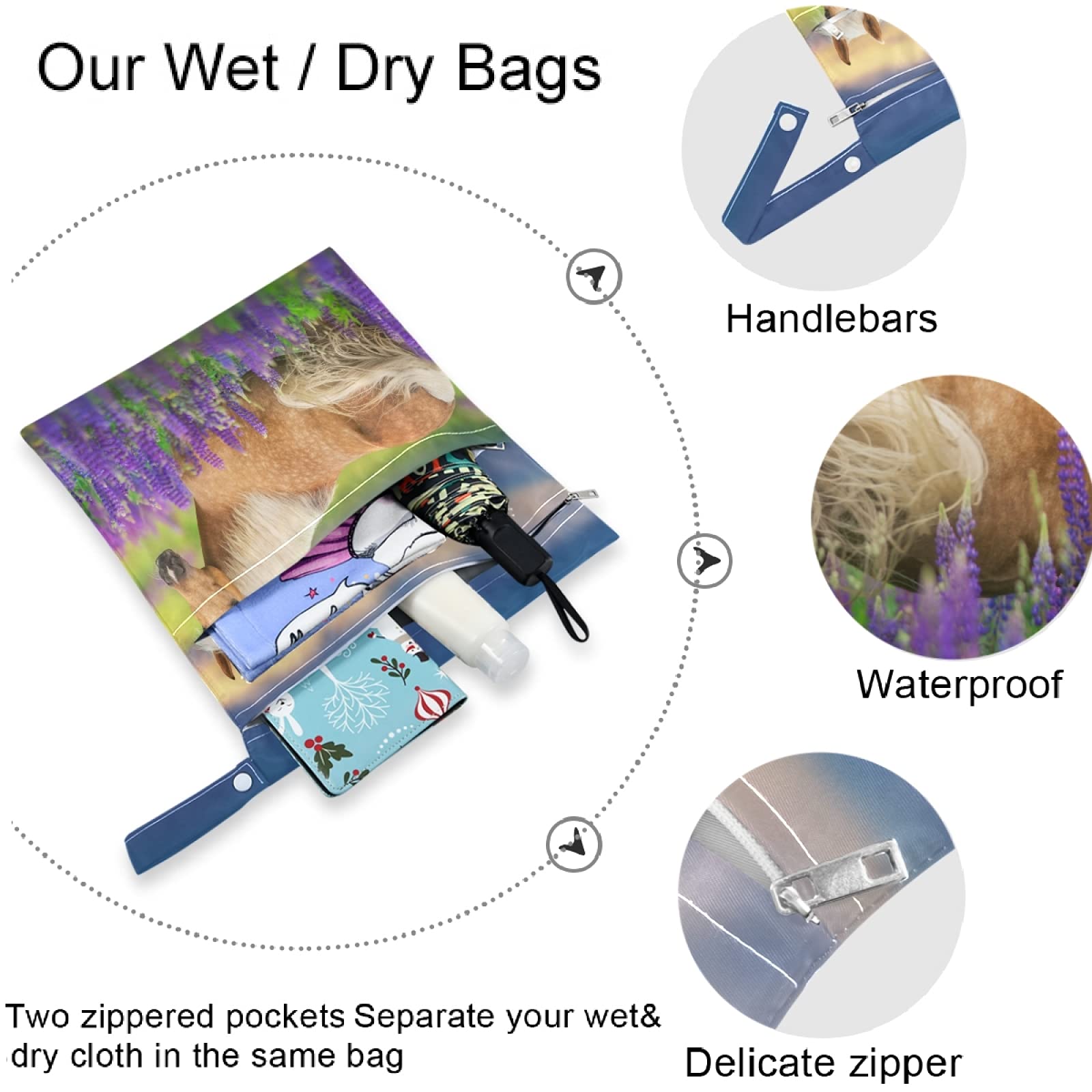 Visesunny Palomino Horse Lavender Sunset 2-Pack Waterproof Wet Bags with Zipper Pockets | Reusable & Washable Travel Organizer for Beach, Pool, Gym, Daycare | Perfect for Swimsuits, Diapers, Toiletries & Dirty Clothes | Compact Storage for Strollers & On-the-Go Lifestyle