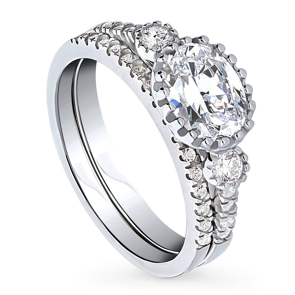 BERRICLE Sterling Silver 3-Stone Oval Cut Cubic Zirconia Engagement Ring Set for Women - 1.2 Carat CZ Wedding Band, Rhodium Plated Size 4-10 - Perfect for Proposals, Anniversaries & Special Occasions