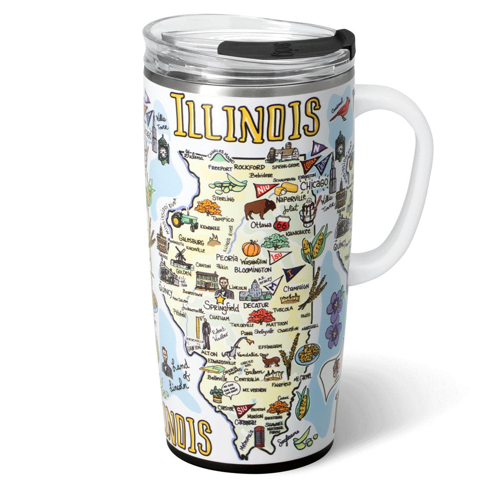 22oz Illinois Travel Mug - Insulated Stainless Steel Coffee Tumbler with Lid & Handle - Perfect for Commuting, Camping & Outdoor Adventures
