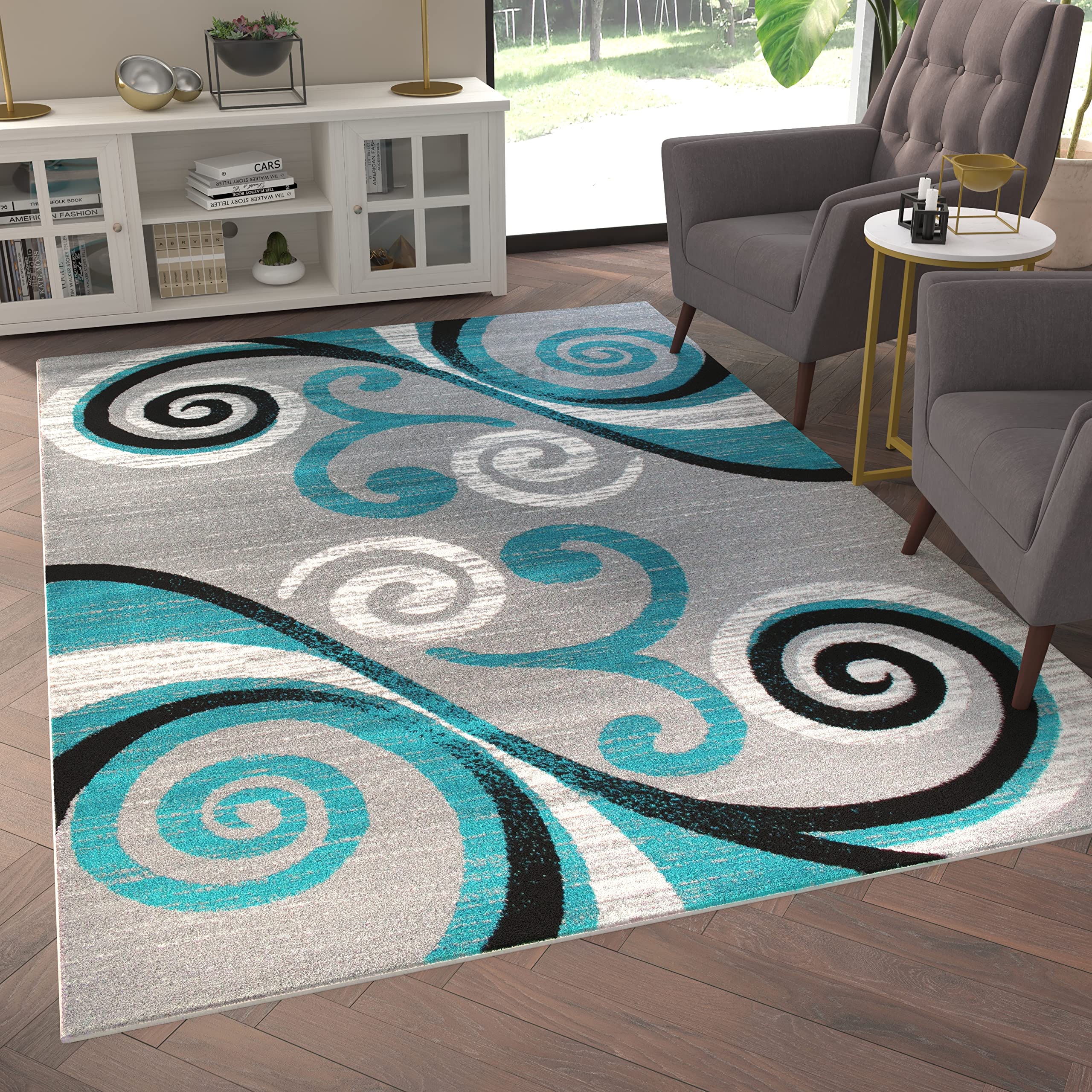 EMMA + OLIVER Olefin Accent Rug 6x9 - Turquoise Scraped Look Swirl Pattern - Plush Pile Facing with Jute Backing - Moisture & Stain Resistant - Easy Maintenance - Perfect for Living Room, Bedroom & Office Decor