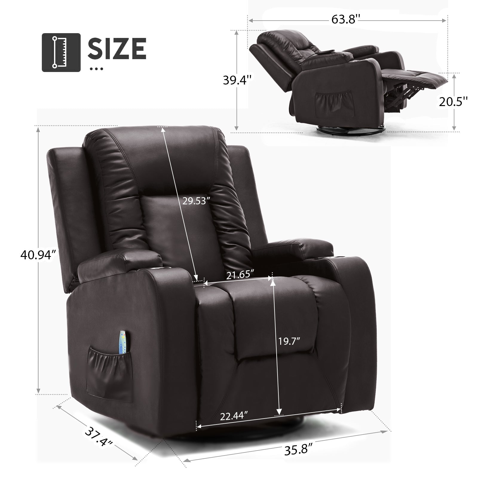 COMHOMA PU Leather Recliner Chair with Heat and Massage - Swivel Rocking Chair for Adults, Single Sofa Seat with Cup Holders & Side Pockets - Perfect for Living Room, Bedroom, Home Theater & Relaxation (Black)