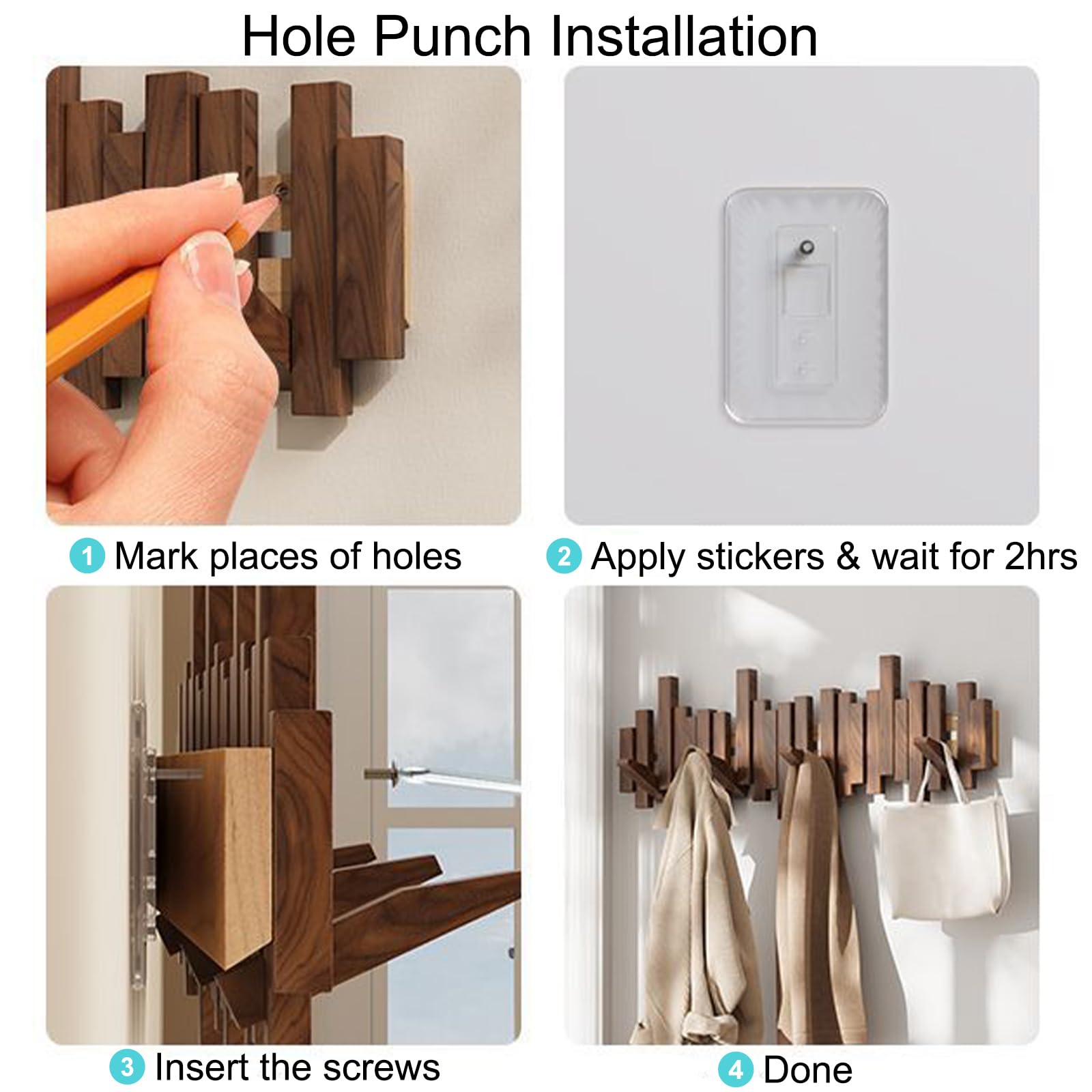 Walnut Wall Mount Coat Rack with 12 Hooks - Space Saving for Entryway & Bedroom
