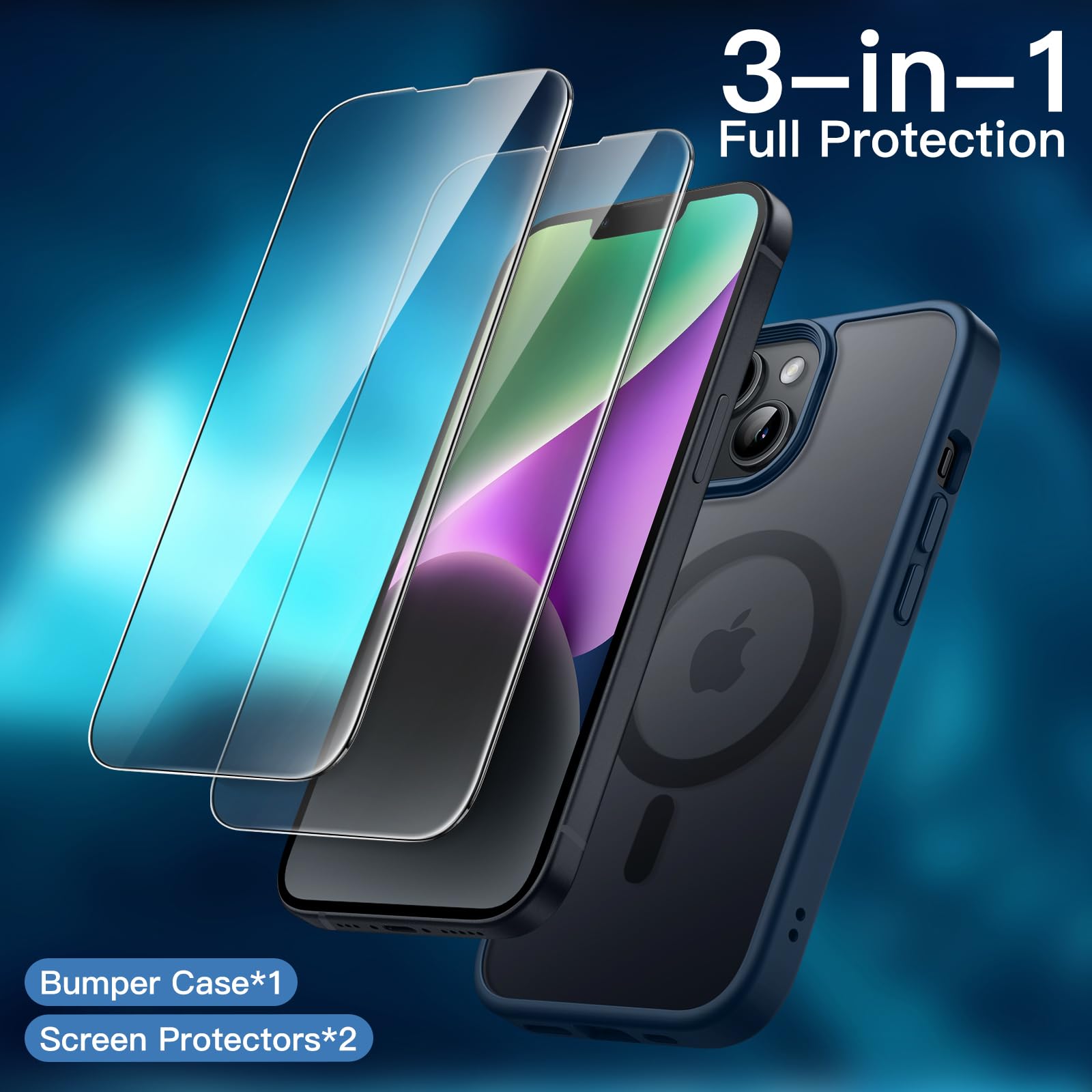 JETech 3 in 1 Magnetic Case for iPhone 14 Plus 6.7-Inch | Shockproof Translucent Matte Cover with 2 Pack Tempered Glass Screen Protectors | Magsafe Compatible Phone Case (Storm Blue) | Perfect for Work, Travel & Everyday Protection