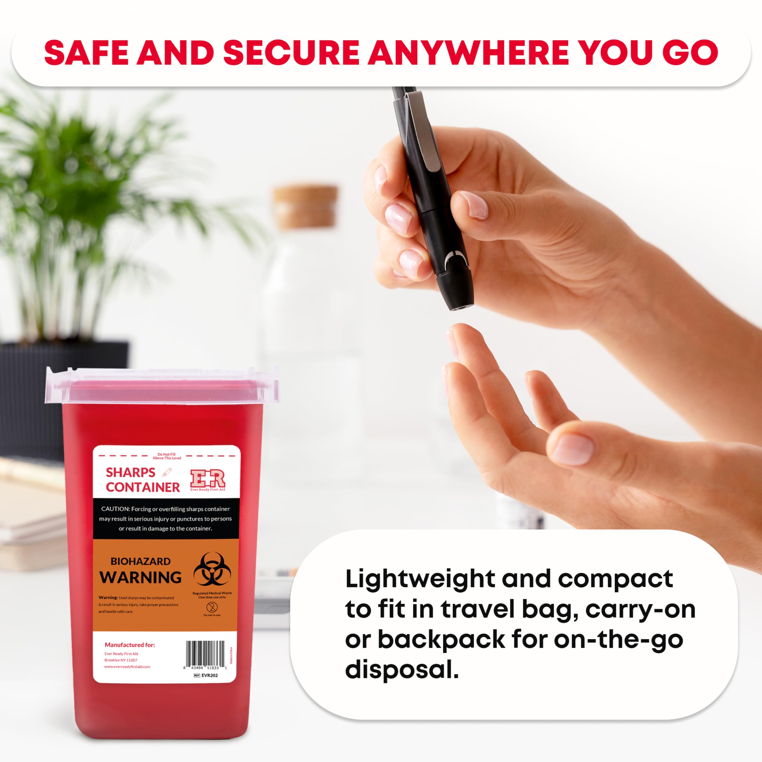Ever Ready 1 Quart Sharps Container with Split Lid & Locking Mechanism - Safe Needle Disposal for Home, Clinic & Travel | FDA Compliant Medical Waste Bin