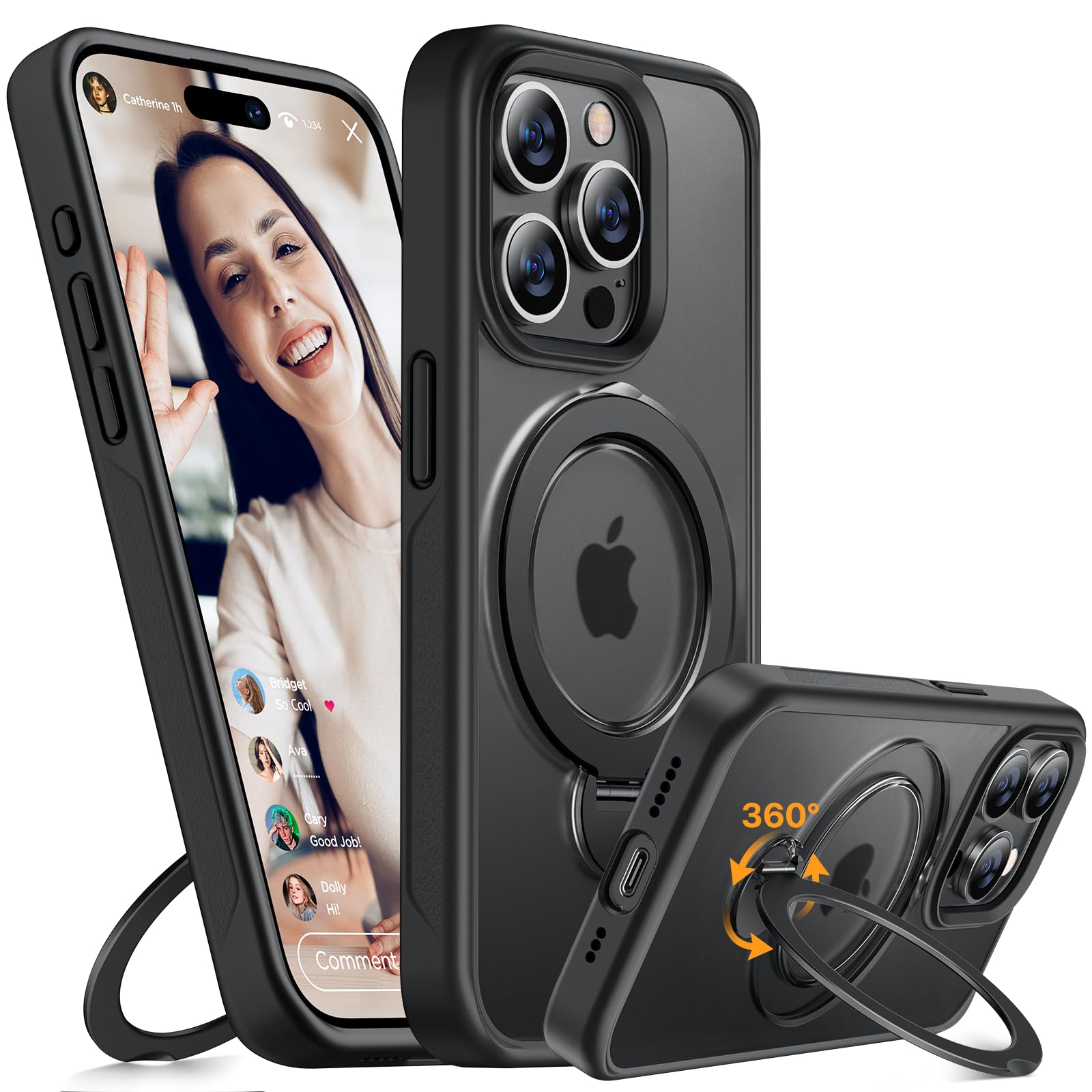 **Miracase Magnetic Stand Case for iPhone 15 Pro Max – 360° Rotating Ring Holder with MagSafe, Military-Grade Shockproof Protection, Matte Finish (Black) – Perfect for Work, Travel & Everyday Use**