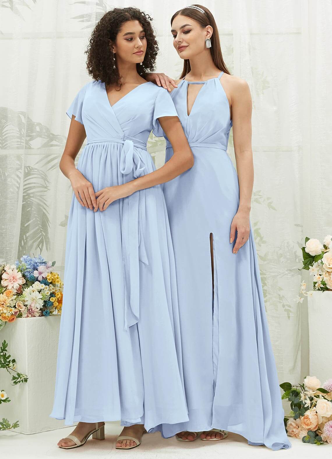 Cornflower Blue Chiffon Halter V-Neck Backless Maxi Bridesmaid Dress with High Slit - Elegant Formal Gown for Weddings, Prom & Evening Parties