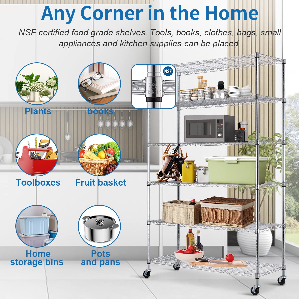 6-Tier Heavy Duty Metal Storage Shelves with Wheels - NSF Certified Adjustable Wire Shelving Unit for Kitchen, Restaurant, Garage, Basement & Laundry Room - 2100LBS Capacity Chrome Rack - Perfect for Commercial Use, Home Organization & Industrial Storage