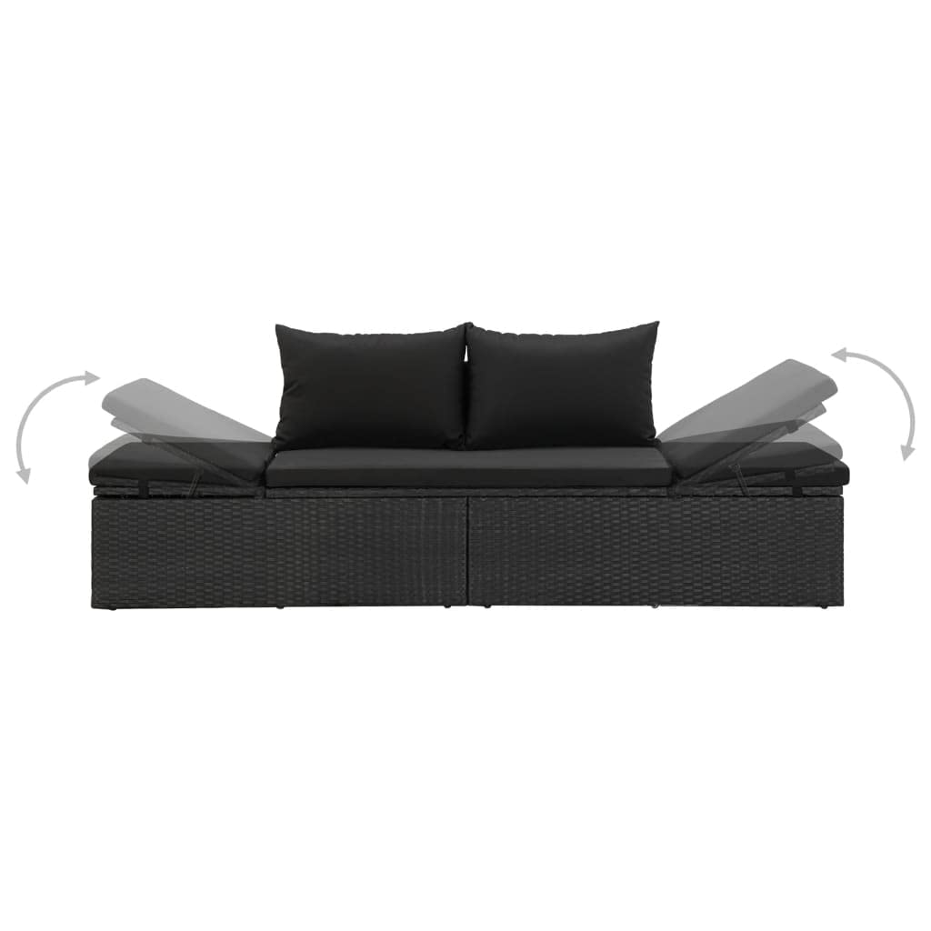 SKM Black Poly Rattan Sun Bed with Cushions - Outdoor Patio Lounge Chair for Poolside, Garden, and Backyard Relaxation