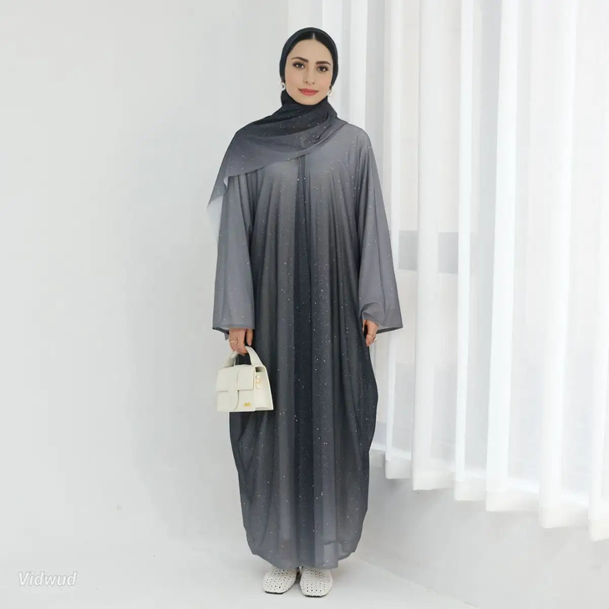 Sparkly Gradient Open Abaya Dress with Matching Glitter Hijab - Elegant Islamic Fashion for Parties, Weddings & Special Occasions