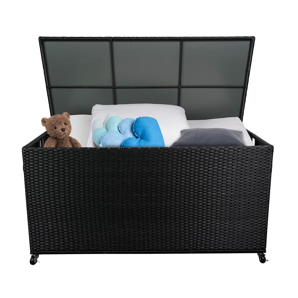 **Sundale 160 Gallon Outdoor Storage Box with Wheels & Lid - Wicker Patio Deck Box for Cushions, Toys, Pillows, Towels - Weatherproof Storage Chest for Backyard, Garden, Poolside (Black)**