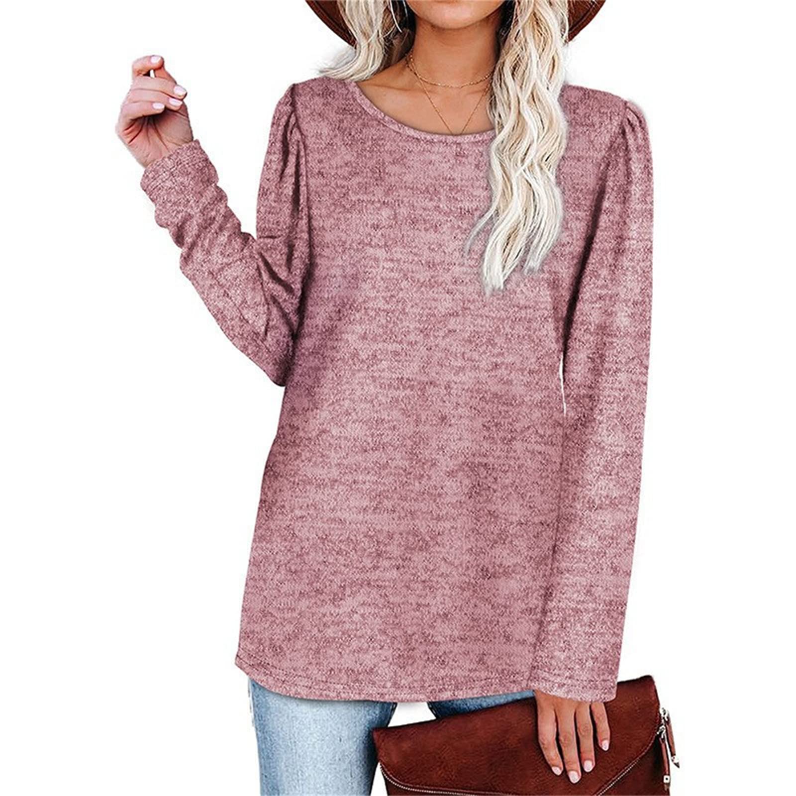 Leroop Women's Solid Color Long Sleeve Crew Neck Knit T-Shirt - Soft Casual Pullover Top for Layering, Workwear & Everyday Outfits