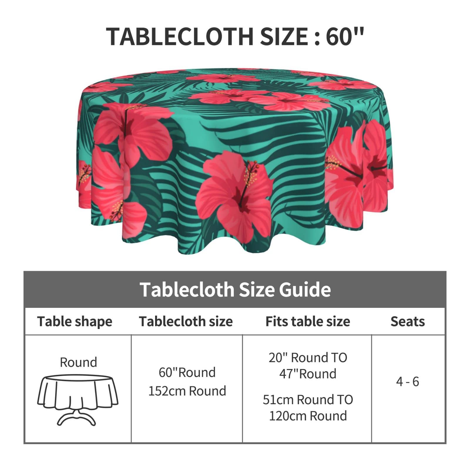 60 Inch Green Tropical Palm Floral Round Tablecloth - Waterproof Spill Proof Hawaiian Party Decor for Dinner, Picnic, Camping & Outdoor Events