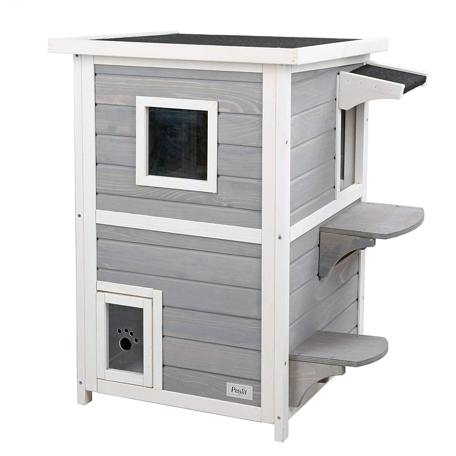 Petsfit 2-Story Weatherproof Outdoor Cat House with Escape Door - Insulated Shelter for Stray & Feral Cats - Perfect for Backyard, Garden & Patio Protection