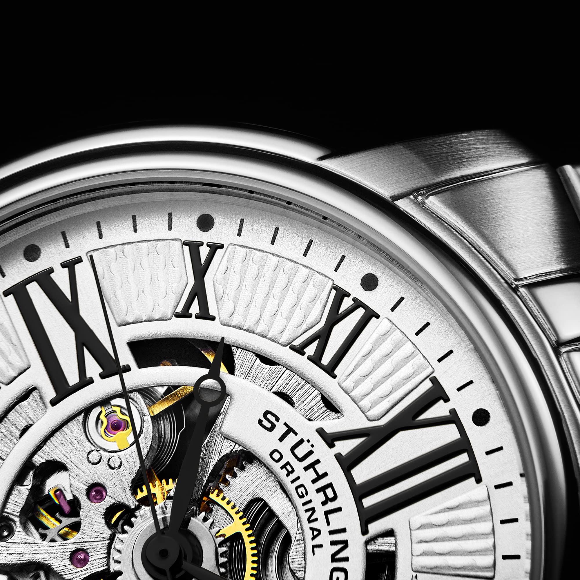 Stuhrling Atrium Men's Automatic Skeleton Watch - Silver Dial, Stainless Steel Bracelet with Roman Numerals, Exhibition Case Back - Perfect for Business, Formal Events & Luxury Gift Giving