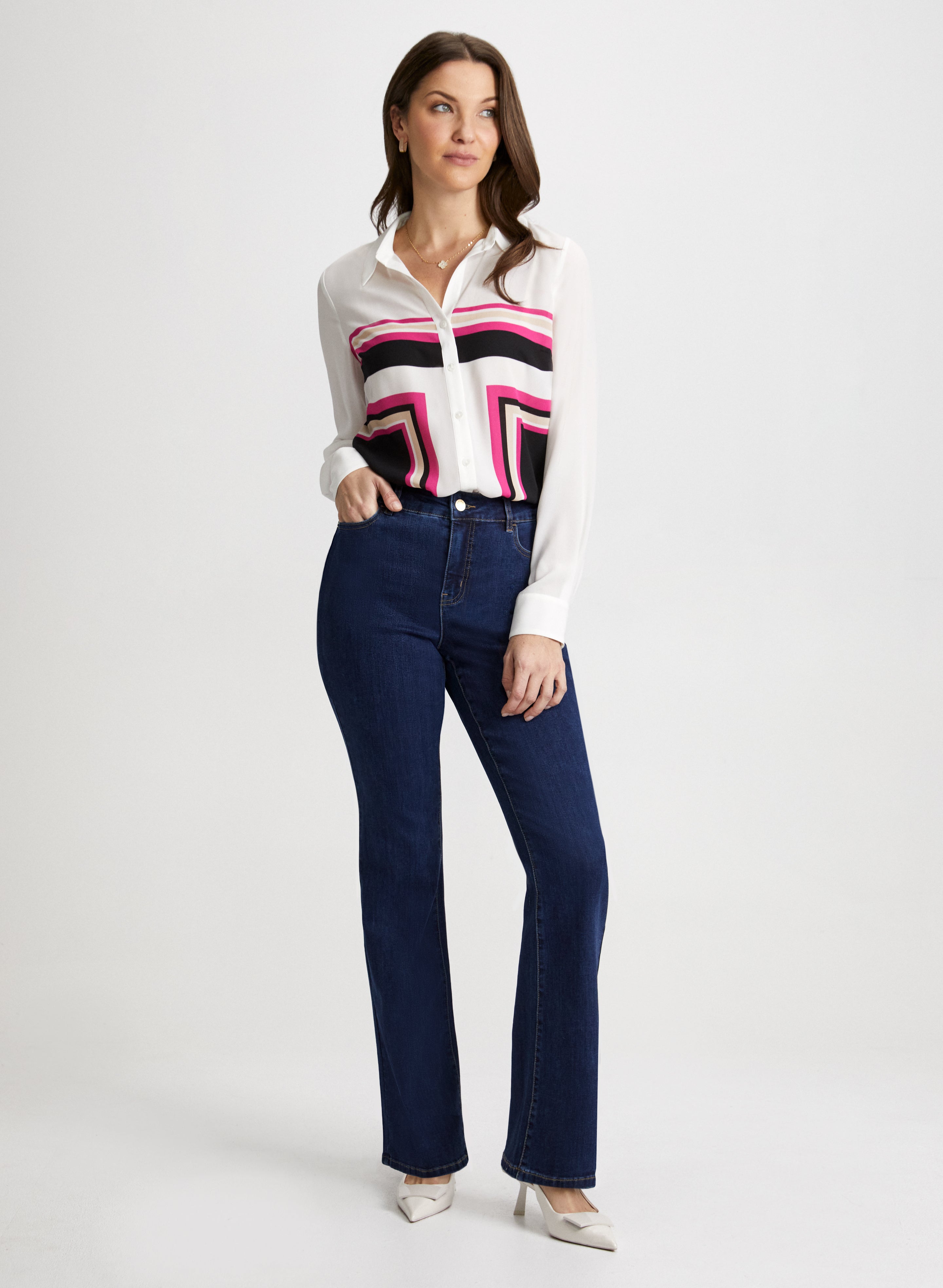 Color Block Shirt & Bootcut Jeans for Women - Stylish Casual Outfit for Work, Date Night & Everyday Wear