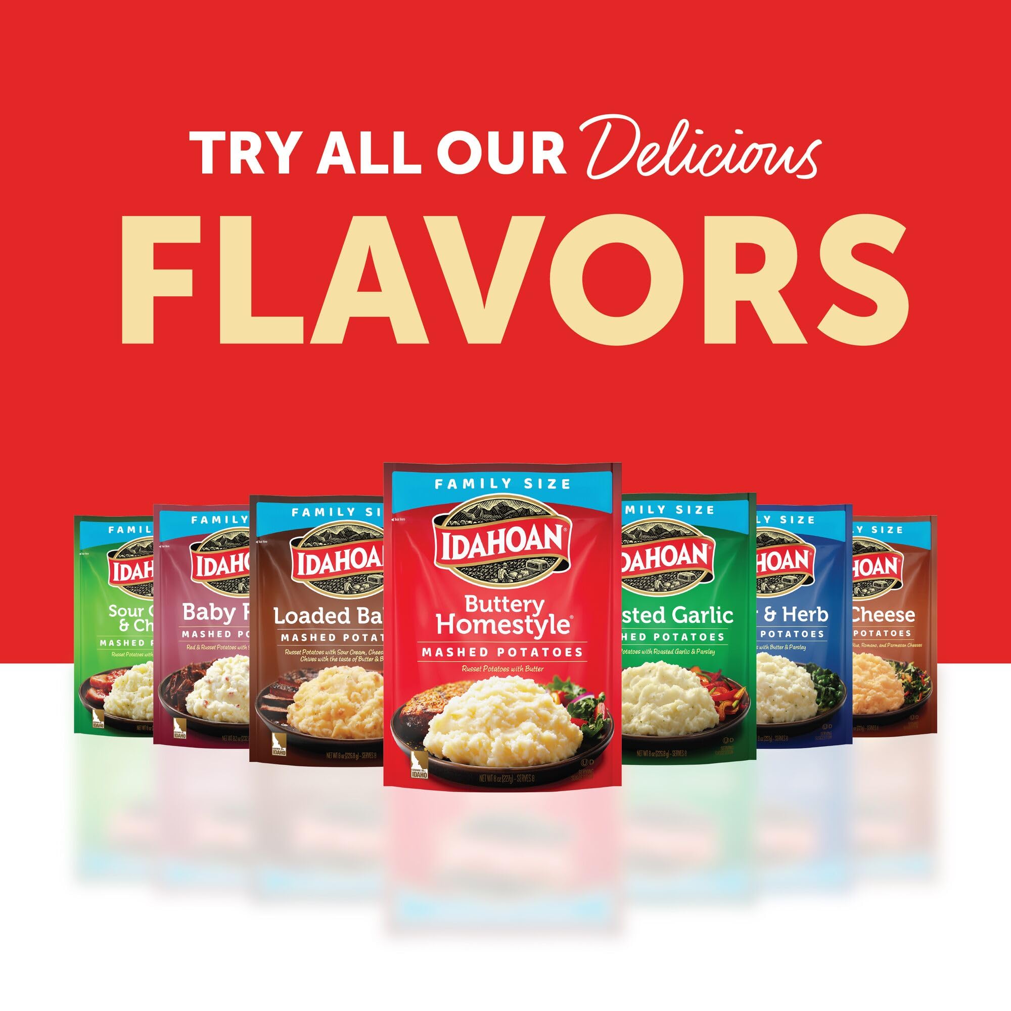 Idahoan Buttery Homestyle Mashed Potatoes, Family Size 8oz (Pack of 8) - Quick & Easy Side Dish for Thanksgiving, Weeknight Dinners & Potlucks