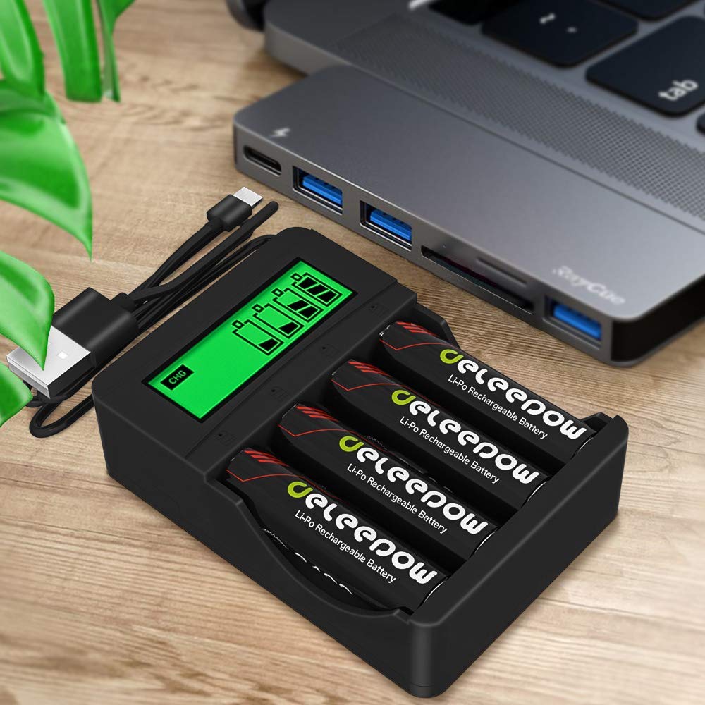 Deleepow 1.5V Rechargeable AA Lithium Batteries 3400mWh 4-Pack with LCD Charger - 1500 Cycles for Cameras, Flashlights, Toys & Electronics - Long Lasting Power Solution