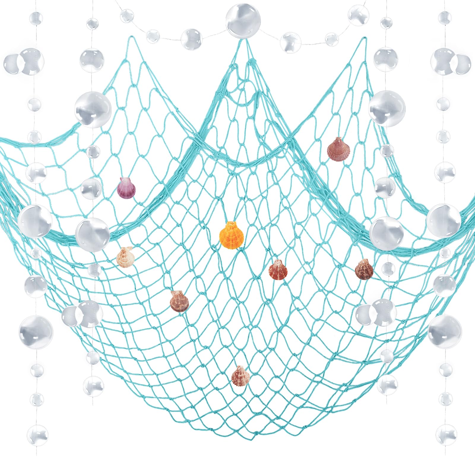 Nautical Party Decorations - Natural Cotton Fishnet with Shells & White Bubble Garlands for Pirate, Wedding, Birthday & Beach Theme Parties | Mermaid Decor, Sky Blue | Perfect for Coastal Weddings, Ocean-Themed Events & Summer Beach Parties