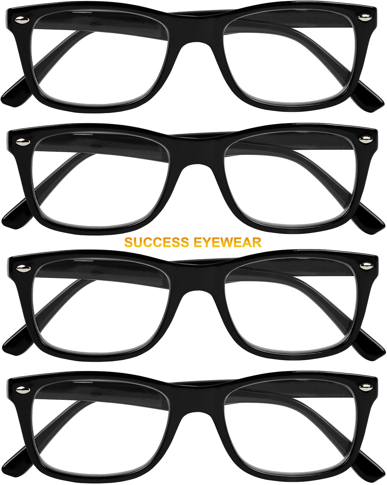 Success Eyewear Reading Glasses Set of 4 - Black Spring Hinge Readers for Men & Women | Perfect for Home, Office & Travel Reading
