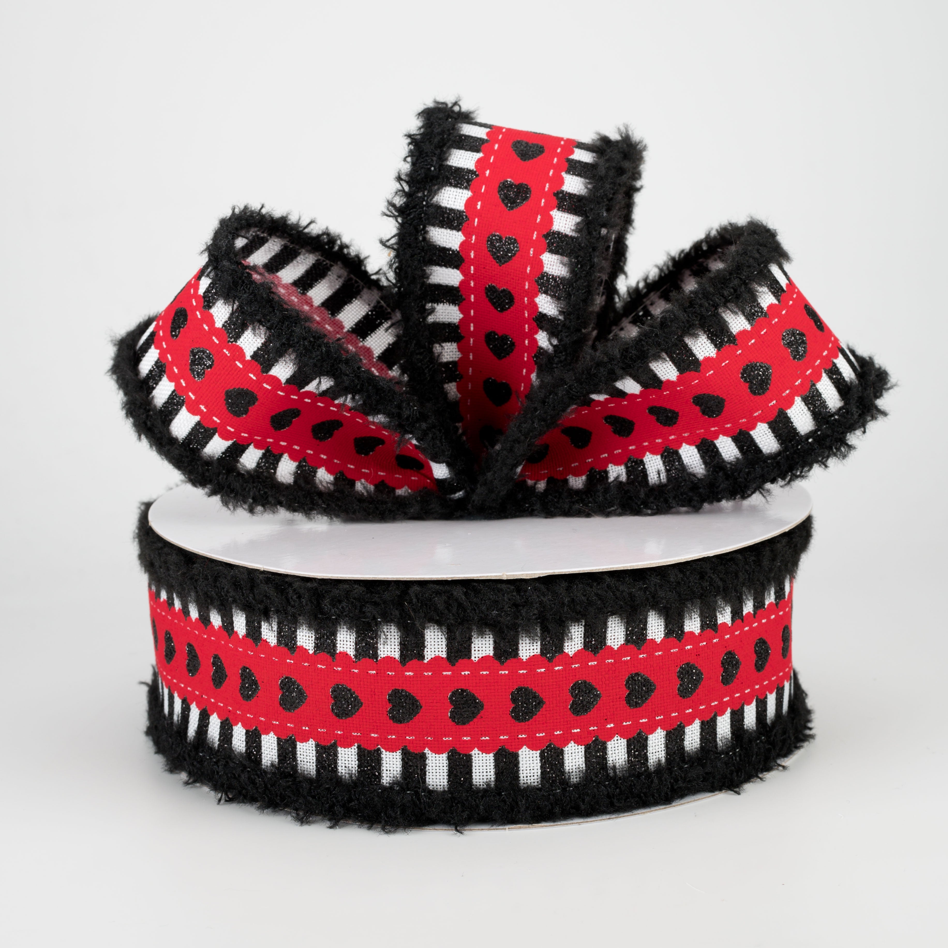 1.5 Inch Hearts & Stripes Chenille Edge Ribbon - Red, Black, White Craft Ribbon (10 Yards) for DIY Scrapbooking, Gift Wrapping & Home Decor