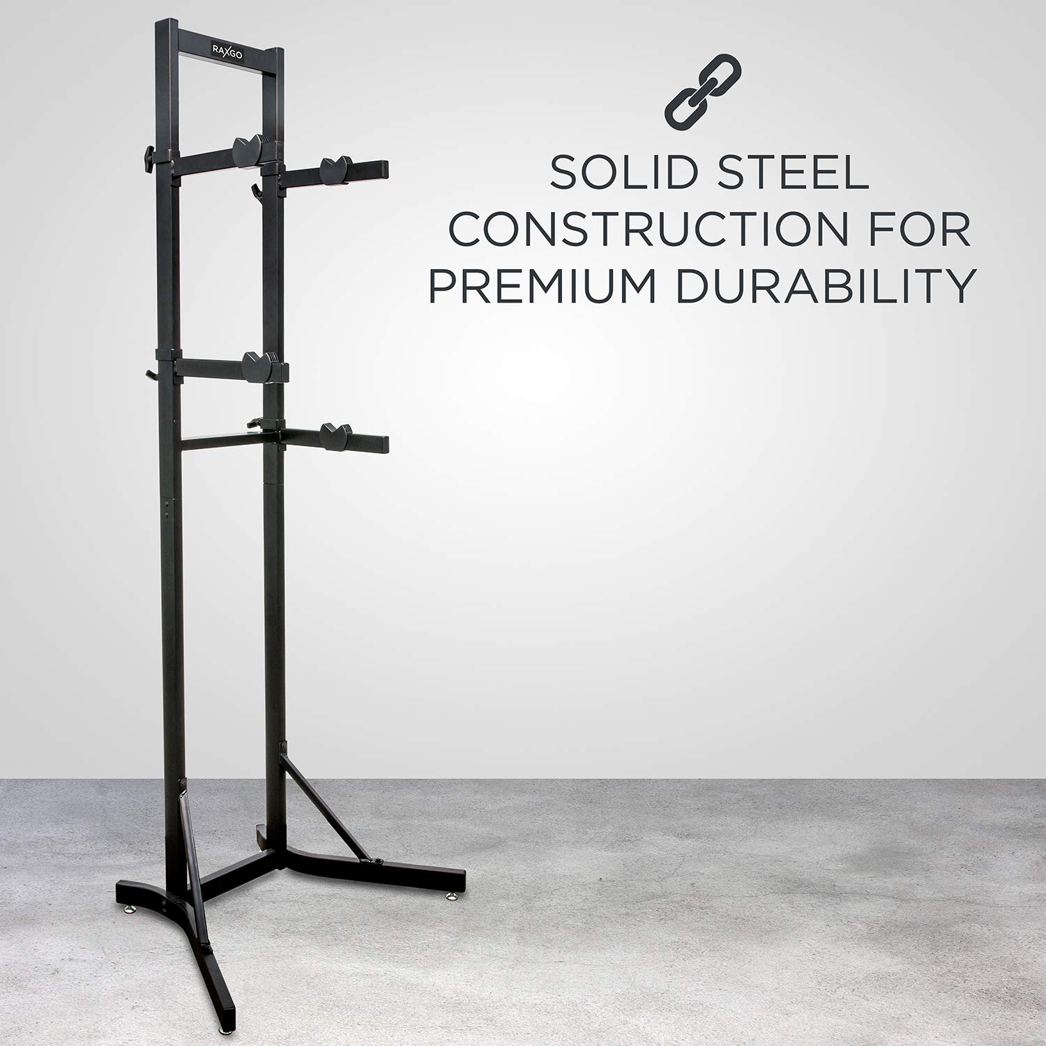 RaxGo Foldable Bike Storage Rack - Freestanding 2 Bike Stand with Adjustable Hooks for Mountain & Road Bicycles - Space Saving Garage & Indoor Bike Organizer - Perfect for Home, Apartment, and Small Space Storage Solutions
