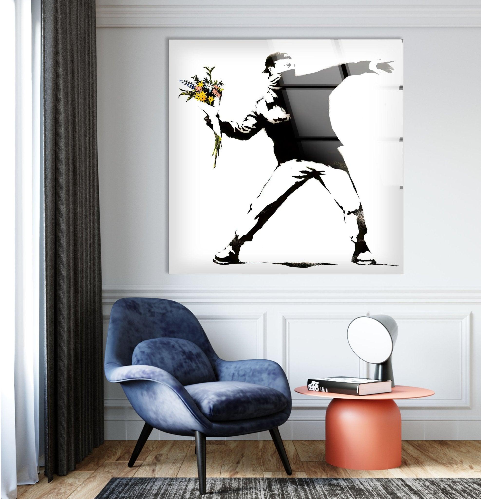 Banksy Flower Thrower Glass Wall Art - Stunning Framed Home Decor for Living Room, Bedroom & Office - Unique Gift Idea for Art Lovers