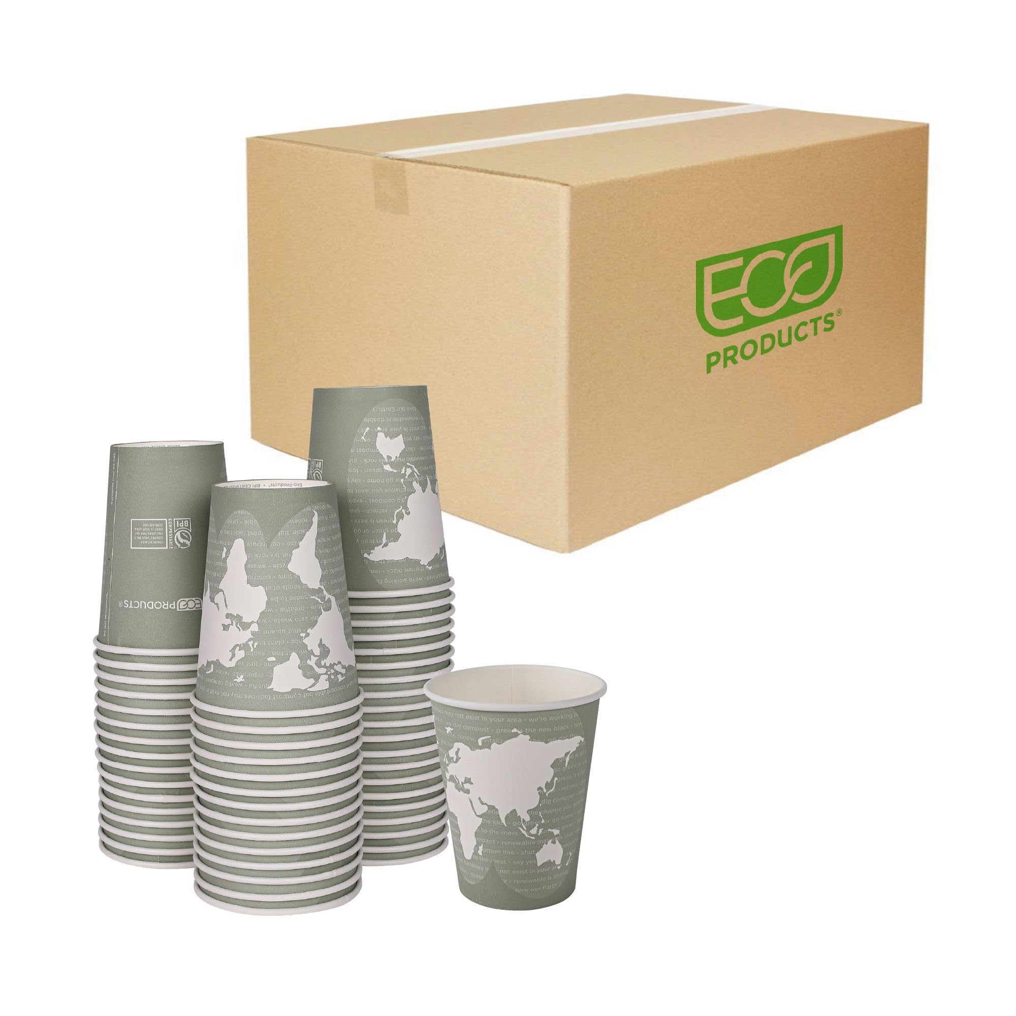 ECO PRODUCTS Compostable 12oz Disposable Coffee Cups - 1000 Count, Plant-Based PLA Lining, Hot/Cold Beverage Containers for Office, Cafes & Events - Biodegradable & Eco-Friendly World Art Design
