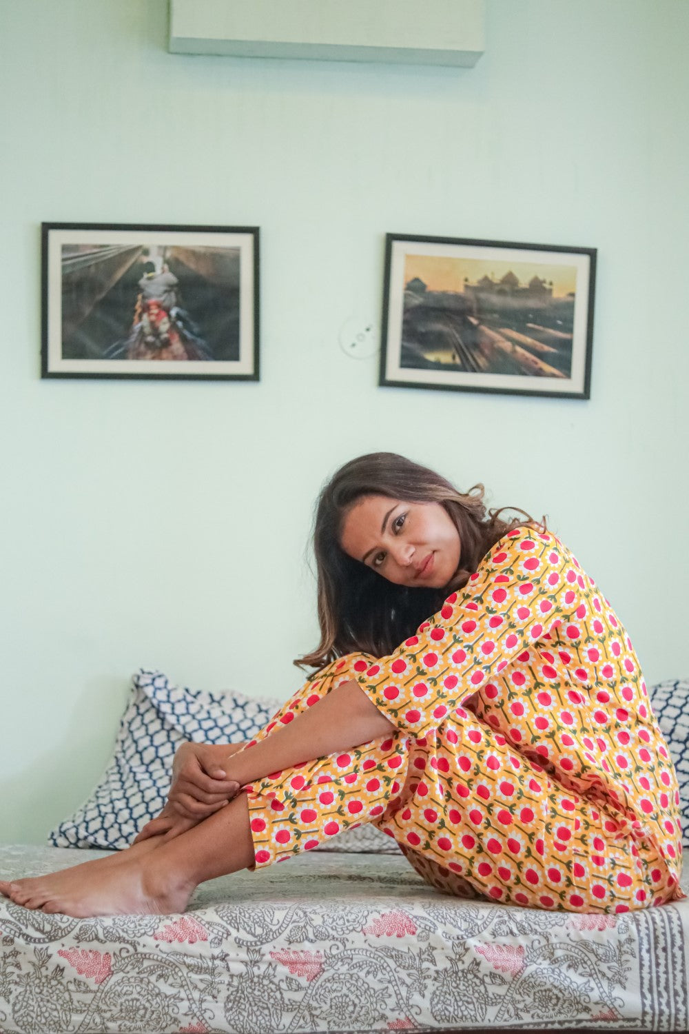 Flower Crown Handblock Printed Pure Cotton Night Suit for Women | Soft & Comfortable Sleepwear Set | Perfect for Lounge, Travel & Home Relaxation