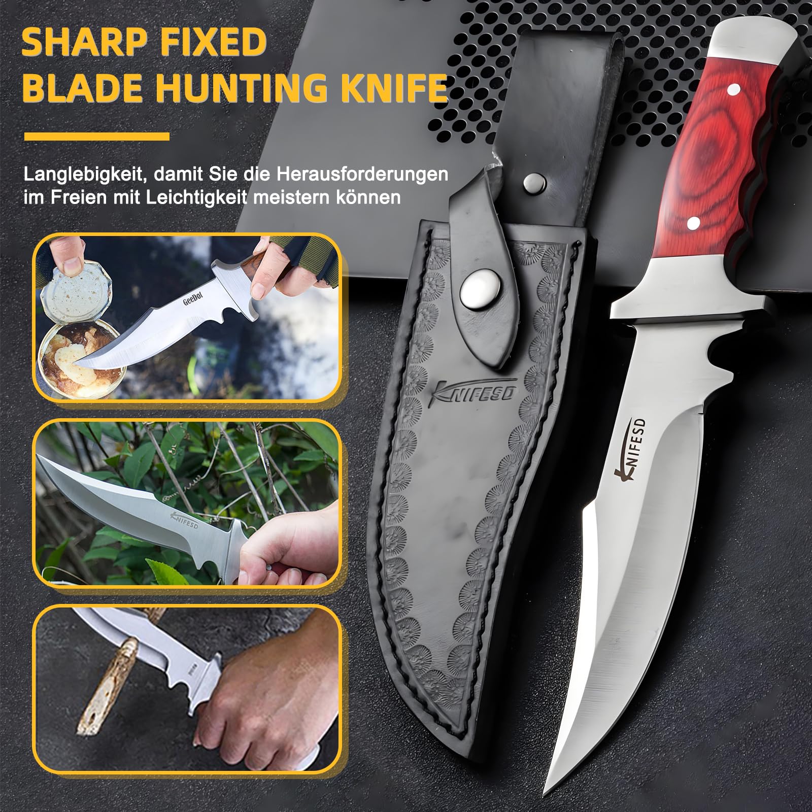 UMF Fixed Blade Hunting Knife with Sheath - Full Tang Bushcraft Knife for Skinning, Deer Hunting & Outdoor Camping | Durable Survival Knife for Wilderness Adventures & Tactical Use (Red)