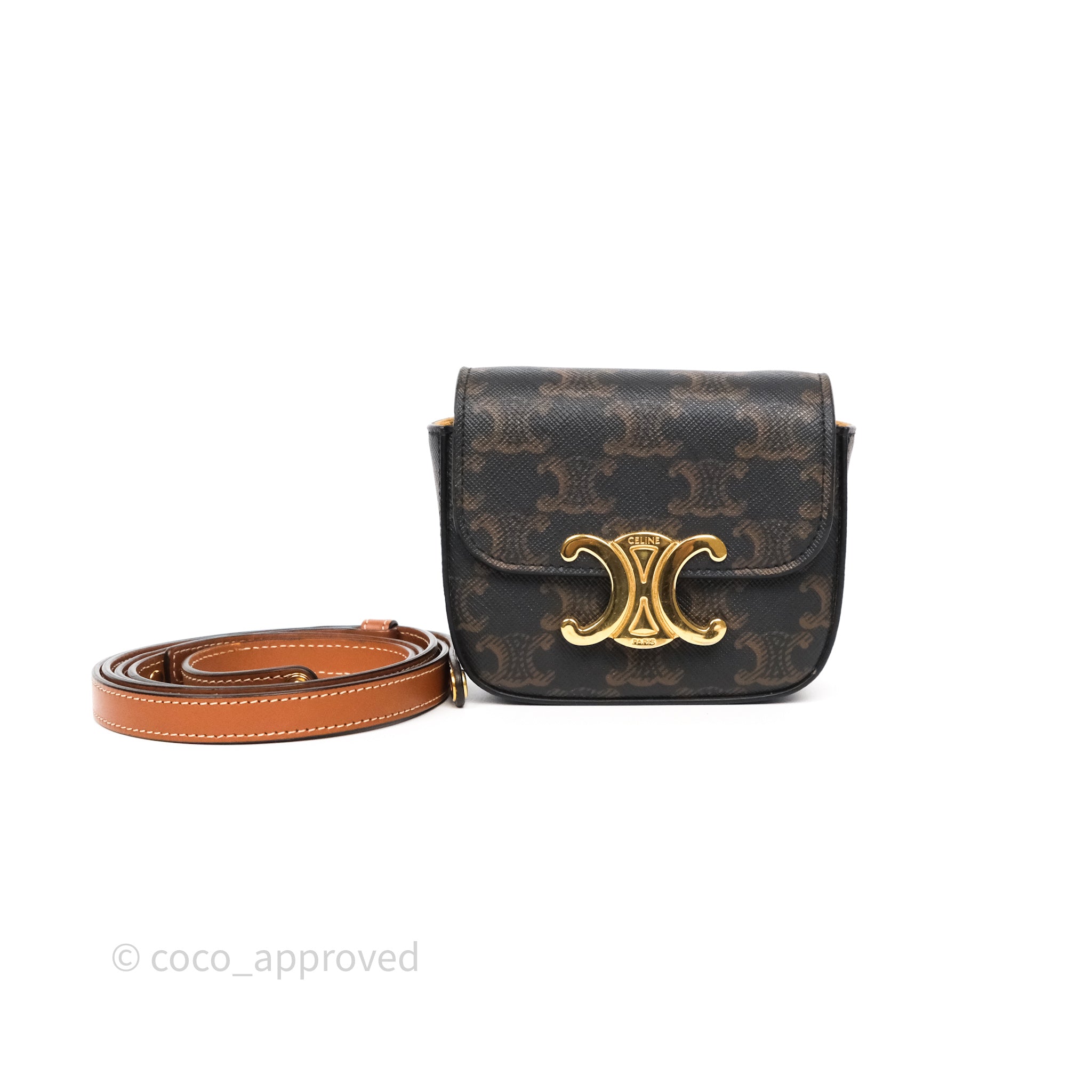 Celine Mini Triomphe Bag in Tan Canvas & Calfskin Leather - Luxury Crossbody Purse for Women, Perfect for Date Night & Evening Events