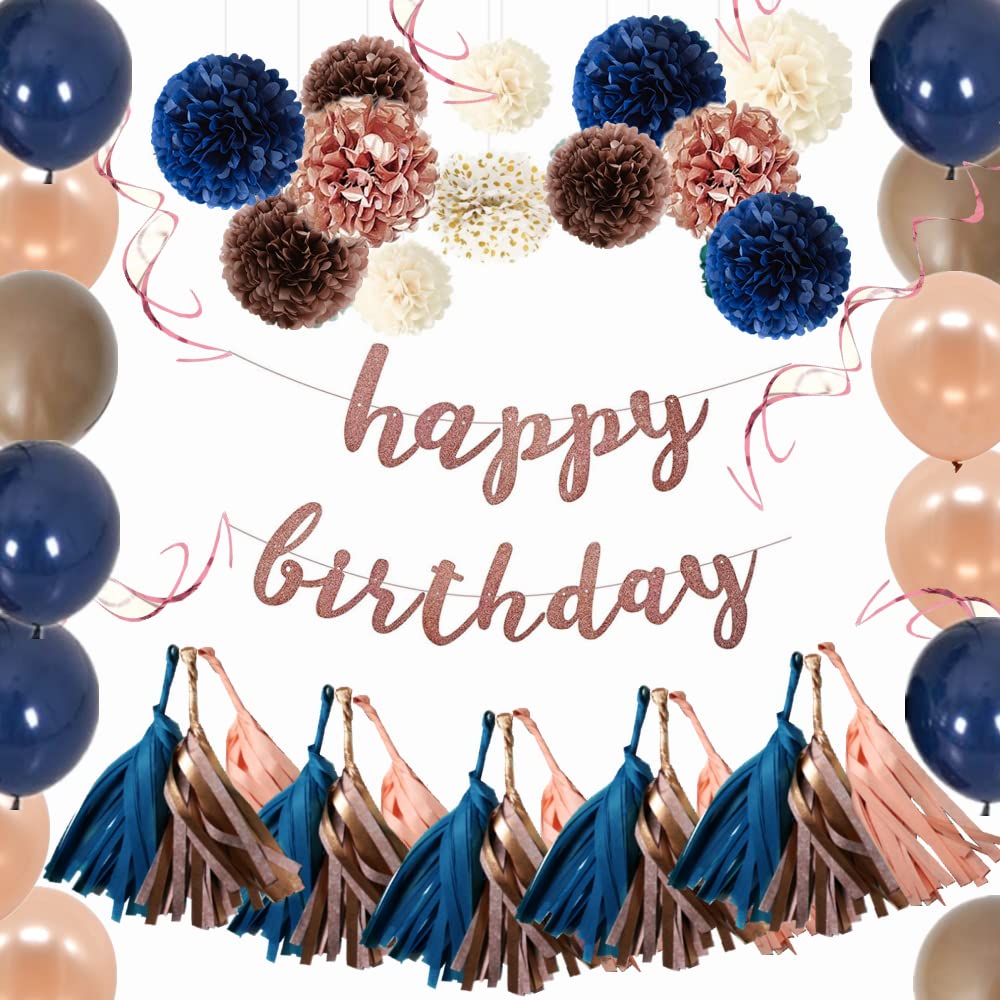 Groodeko Blue Birthday Party Decorations Kit - Happy Birthday Banner, Balloons, Paper Tassels, Flowers & Spirals for Women & Girls (1st, 10th, 16th, 17th, 19th Birthday) - Perfect for Home, Office & Surprise Party Decor