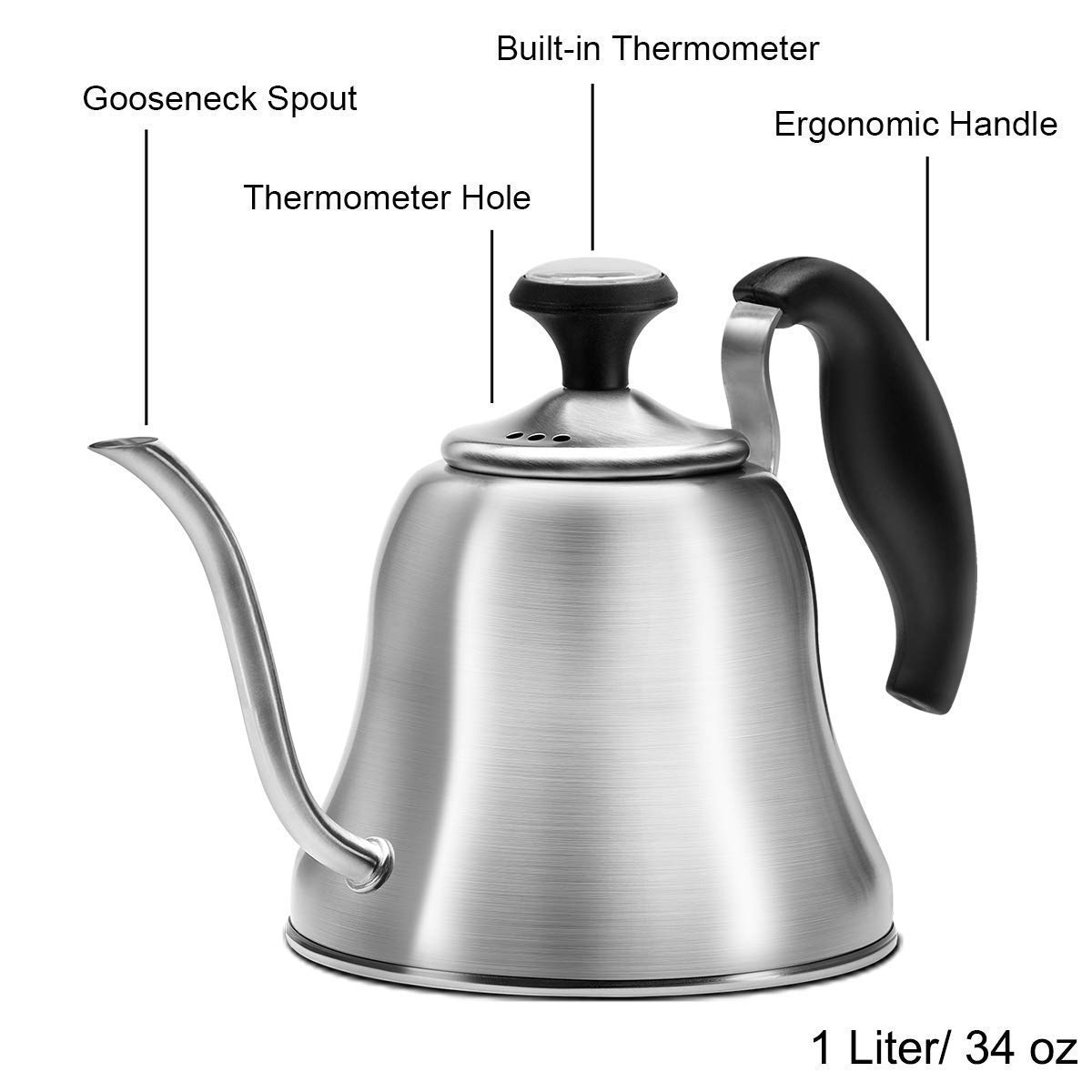 Premium Brushed Silver Gooseneck Kettle with Thermometer - Stovetop Electric Pour Over Coffee & Tea Kettle - Perfect for Home Brewing, Specialty Coffee, and Tea Ceremonies