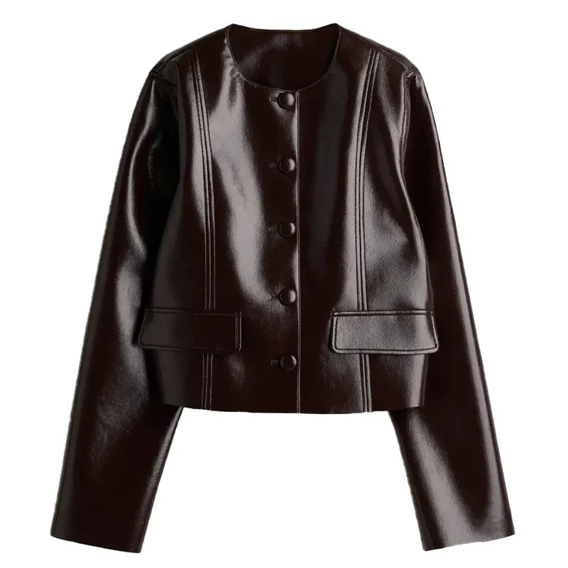 Women's Fashion Leather Coat & Skirt Set - Autumn Winter O-Neck Long Sleeve Single Breasted Jacket with Mini Skirt Two Piece Outfit for Ladies | Office Wear, Date Night, Holiday Party Outfits