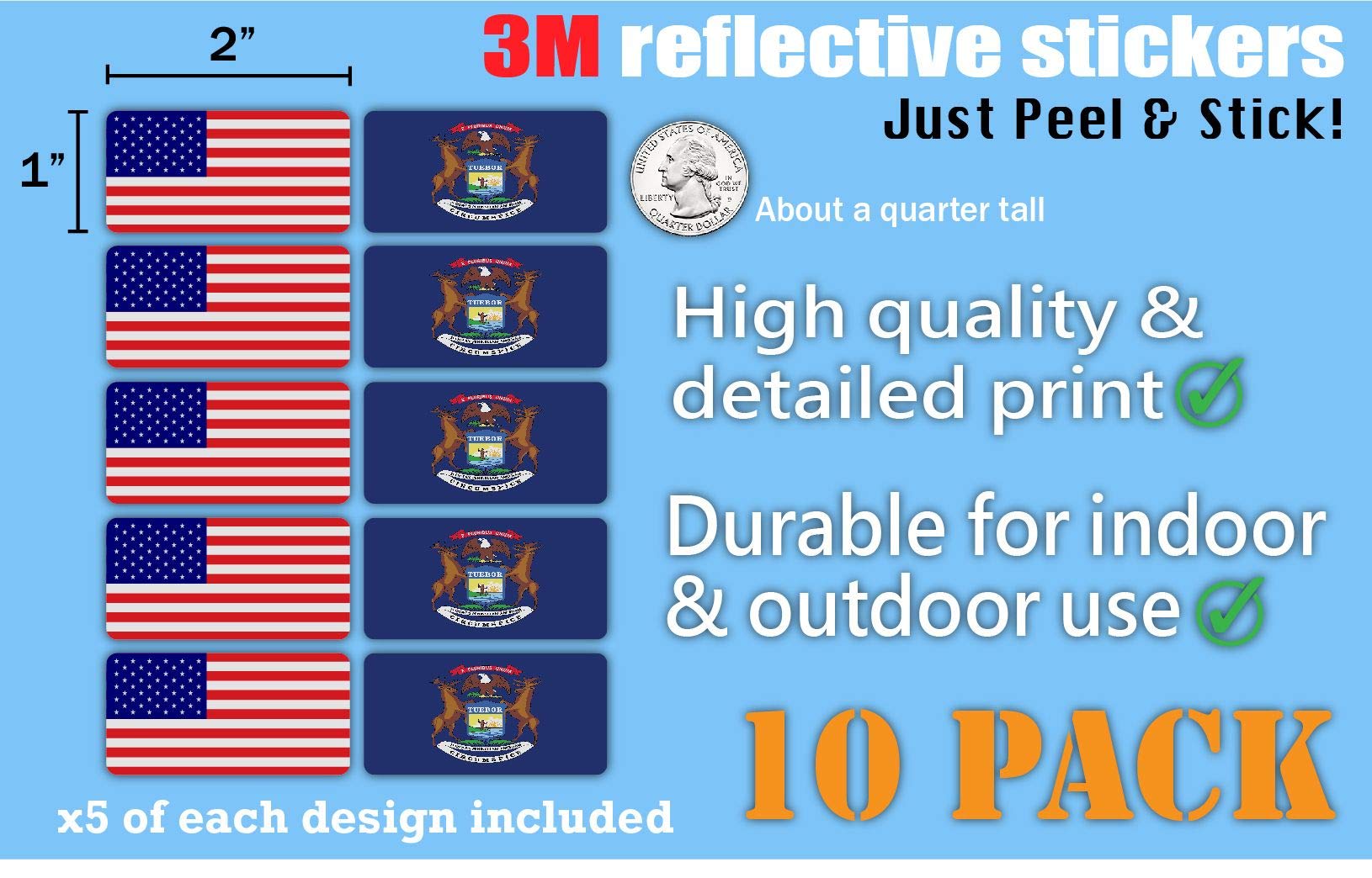 3M Reflective Michigan & US Flag Stickers (10-Pack) - High Visibility Safety Decals for Hard Hats, Laptops, Bikes & Toolboxes - Perfect for Night Safety, Work Gear & Vehicle Identification