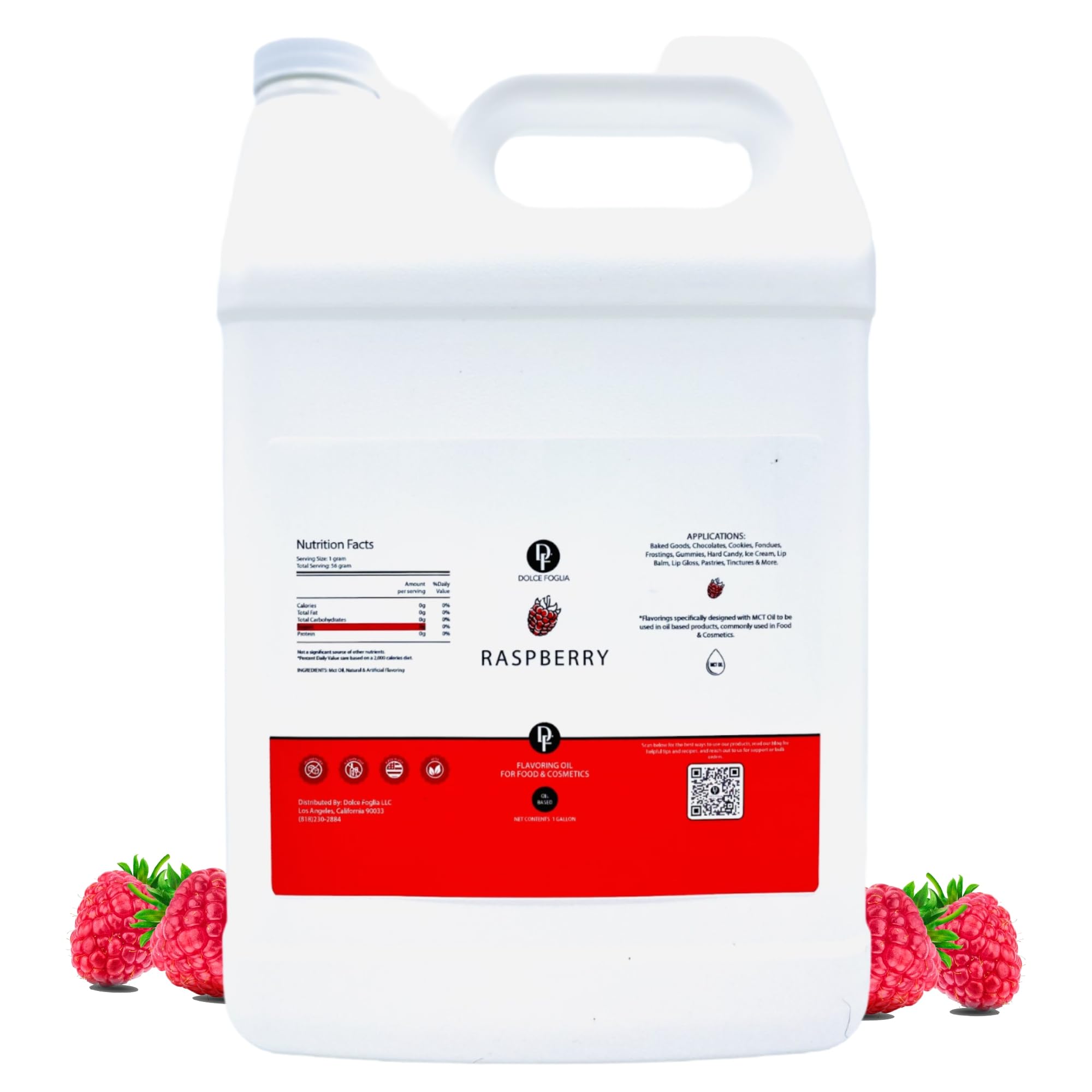 Dolce Flav Raspberry Extract (Oil-Soluble) 1 Gallon – Kosher, Sugar-Free, Concentrated Raspberry Flavoring for Chocolates, Candies, Baking & Beverages – Includes Measured Dropper – Perfect for DIY Desserts, Homemade Treats & Professional Baking