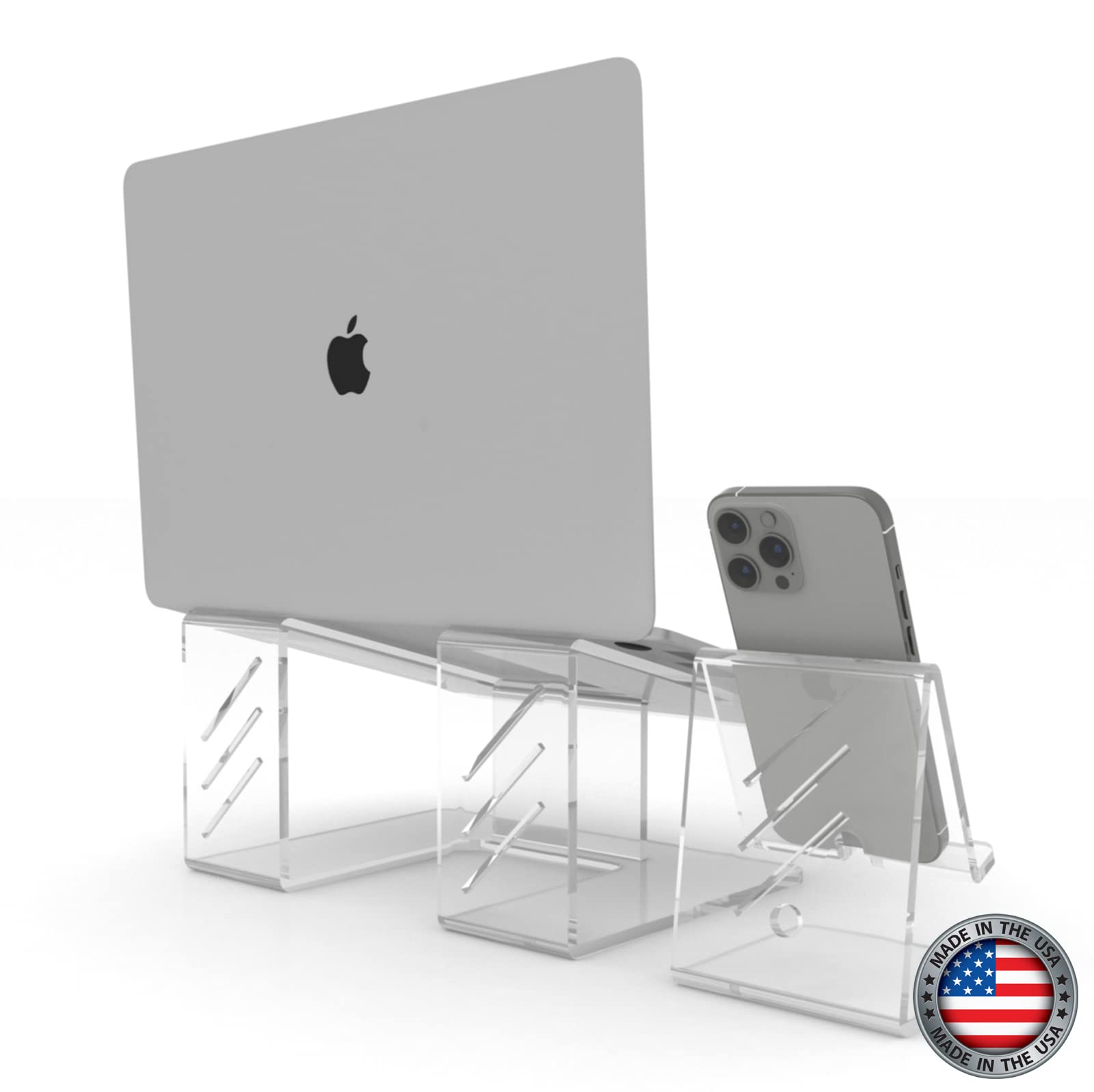 **Acrylic Laptop Stand with Phone Holder - Portable & Ergonomic Laptop Riser for 10-17 Inch Laptops - Made in USA (LS-Clear) - Perfect for Home Office, Workstation & Travel Use**