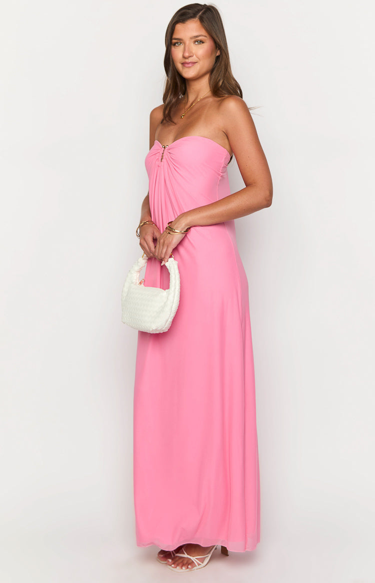 Elegant Pink Strapless Maxi Dress for Women - Flowy Summer Beach Wedding Party Gown - Perfect for Vacations, Date Nights & Special Occasions