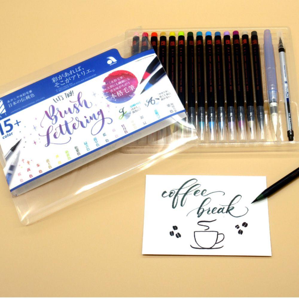 Akashiya Watercolor Brush Pen Set - 15 Vibrant Traditional Japanese Colors for Artists, Calligraphy & DIY Craft Projects