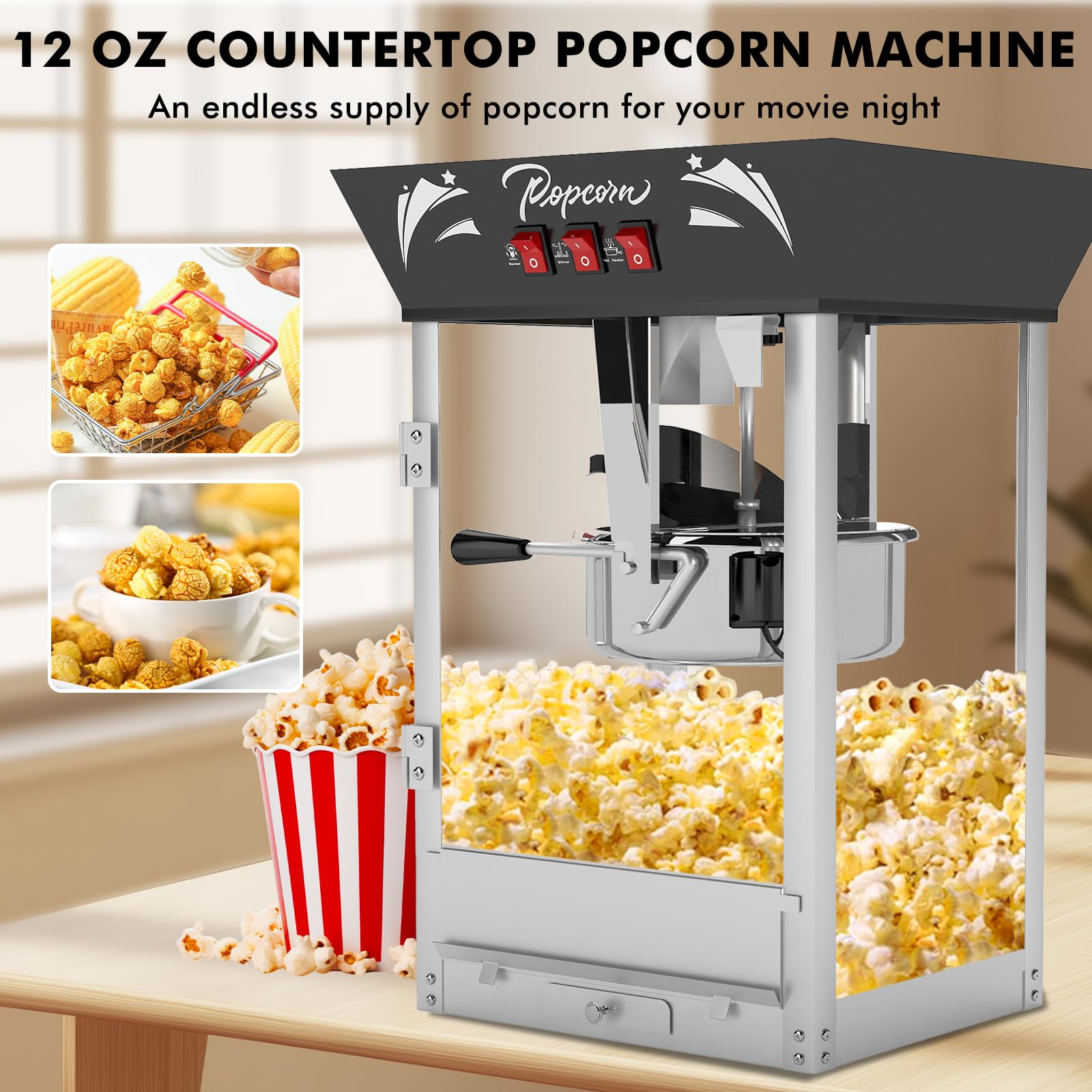 Commercial Popcorn Maker Machine - 12 Ounce Stainless Steel Kettle with Tempered Glass & Warming Deck - 900W Countertop Popcorn Popper for Home Theater, Movie Nights, Parties, Events & Carnival Snack Stands