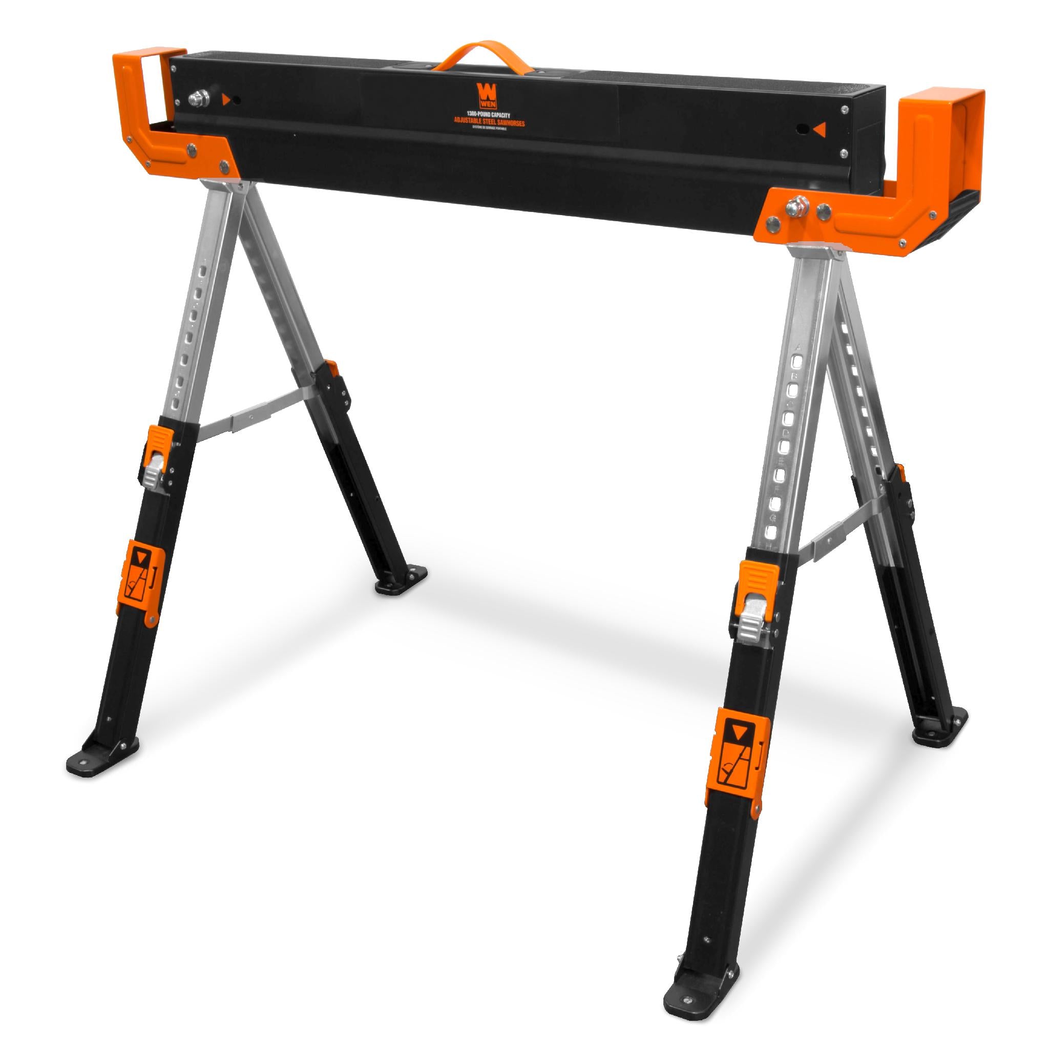 WEN WA1302 Heavy Duty Folding Saw Horse - 1300 lb Capacity Adjustable Steel Workbench with 2x4 Support Arms (2-Pack) - Perfect for Construction, Woodworking & DIY Projects