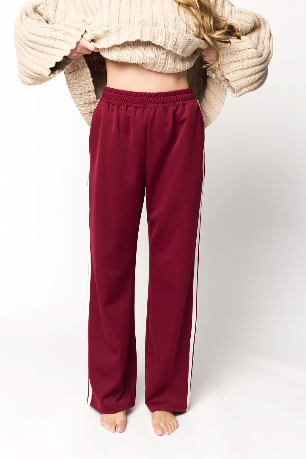 Sue Women's Burgundy Wide Leg Track Pants - Comfortable High Waisted Lounge Pants for Yoga, Running, Workout & Casual Wear