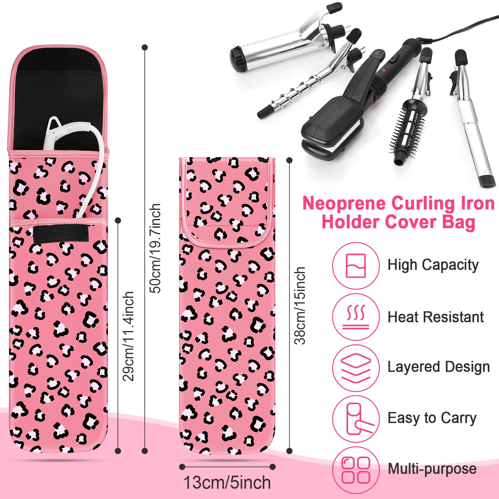 Shappy 2-Piece Heat Resistant Curling Iron Travel Case & Flat Iron Holder - Neoprene Straightener Sleeve with Silicone Hot Tools Bag (Leopard Print) - Perfect for Salon Professionals, Travel & Home Styling