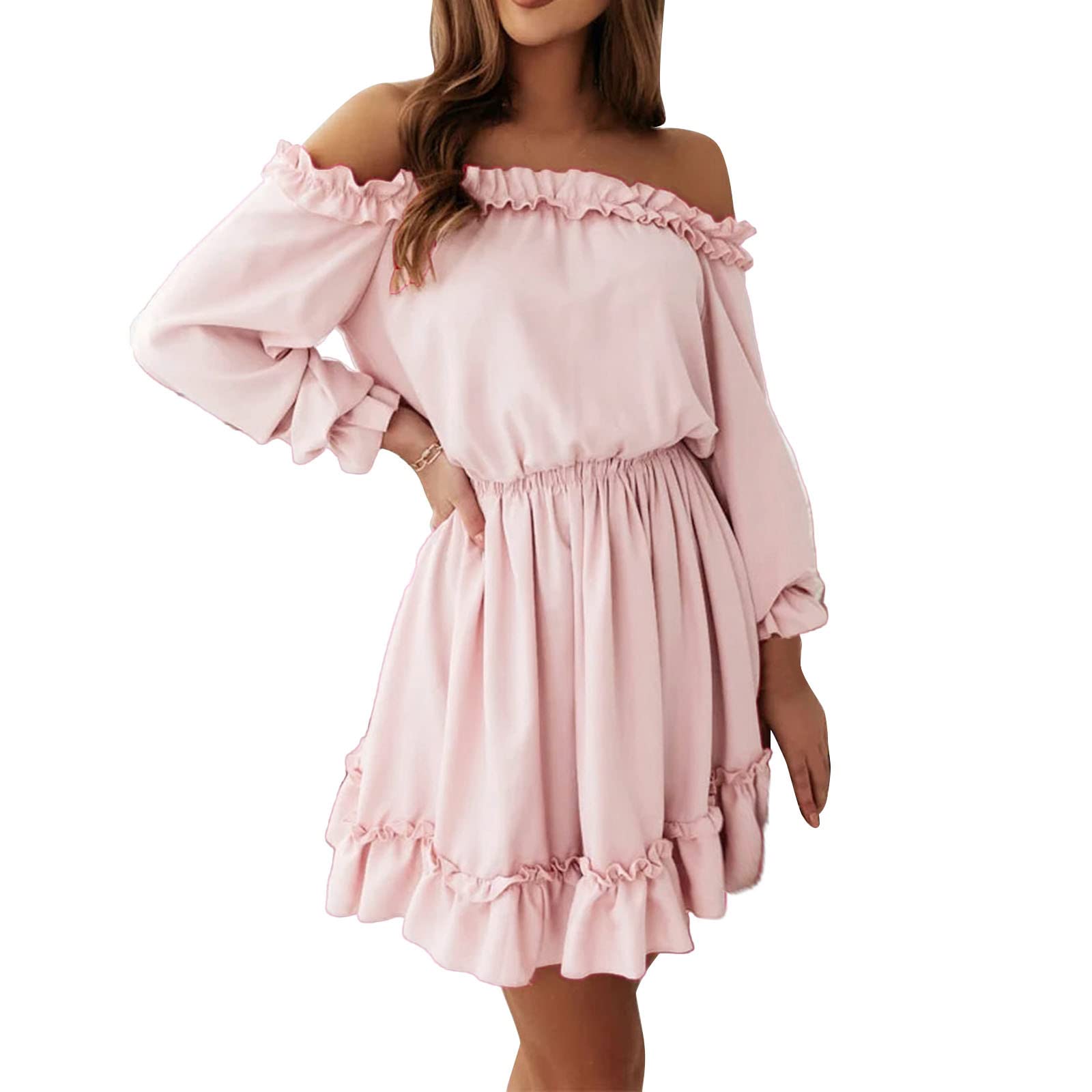 WalGRHFR Women's Sexy Off Shoulder Mini Dress - Summer Beach Holiday Frilled Party Dress for Night Out, Club, Vacation & Date Night