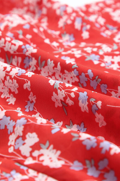 Balloon Sleeve Red Floral Summer Dress - Women's Boho Chic Midi Dress for Beach Vacation, Garden Party & Date Night