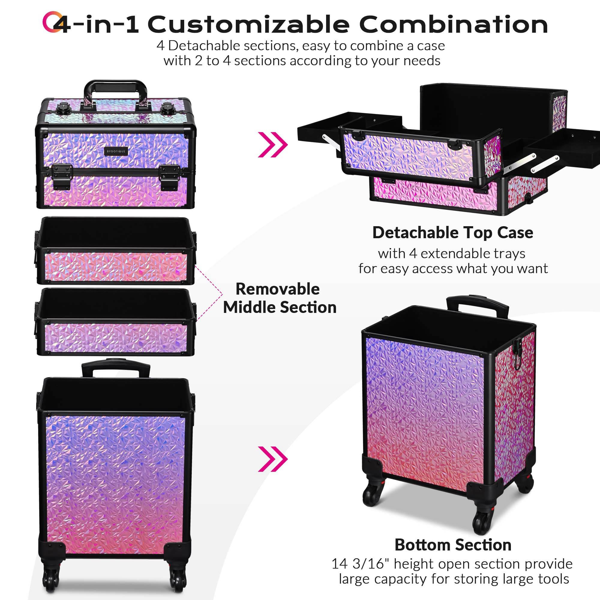 BYOOTIQUE 4-in-1 Rolling Makeup Case with Folding Manicure Table - Mermaid Pink | Portable Beauty Station for Salon Professionals & Home Use | Perfect for Nail Artists, Makeup Artists & Mobile Beauty Services