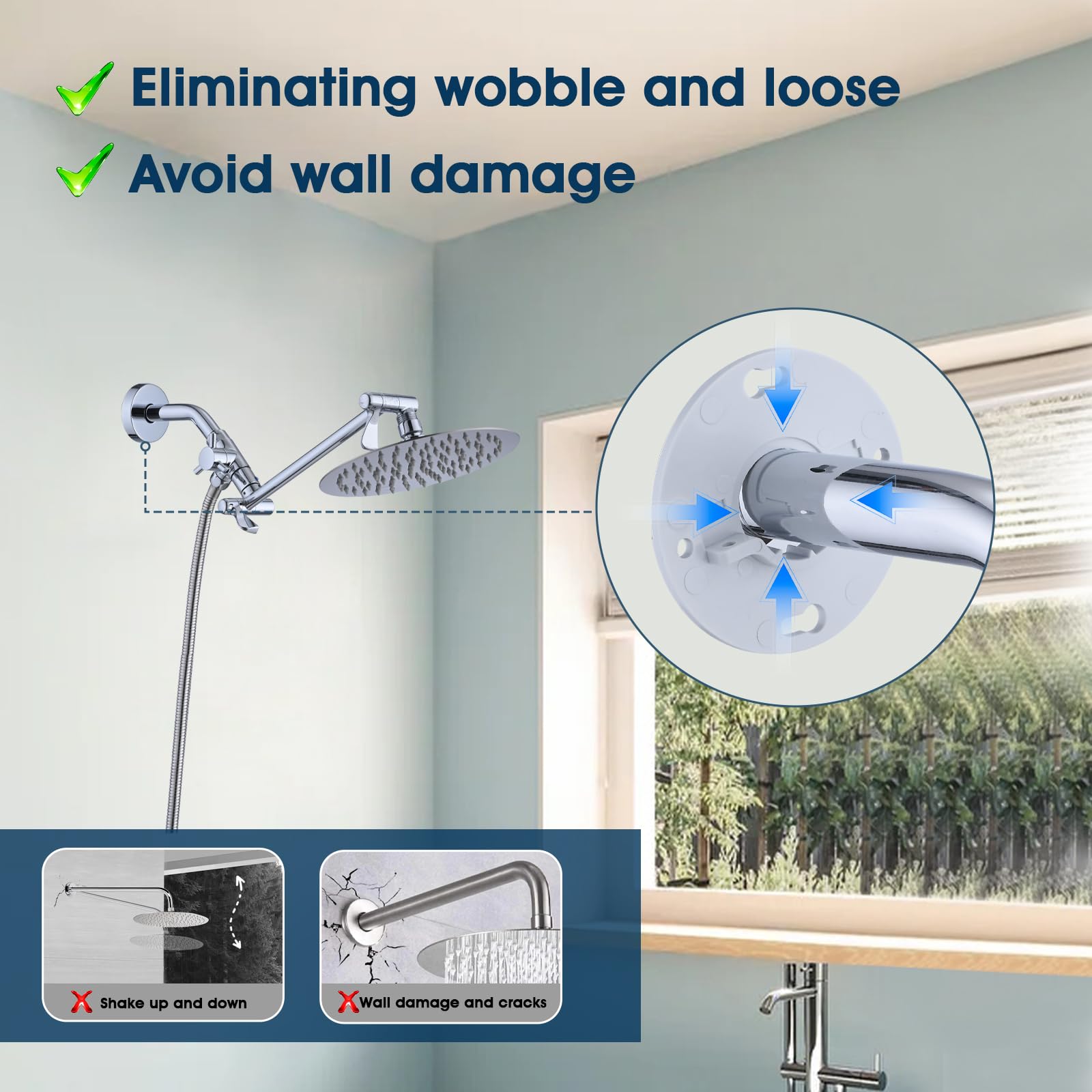 Chrome Shower Arm Flange & Stabilizer Bracket Set with Cover Plate - Secure Shower Pipe Installation for Bathroom & Home Renovation