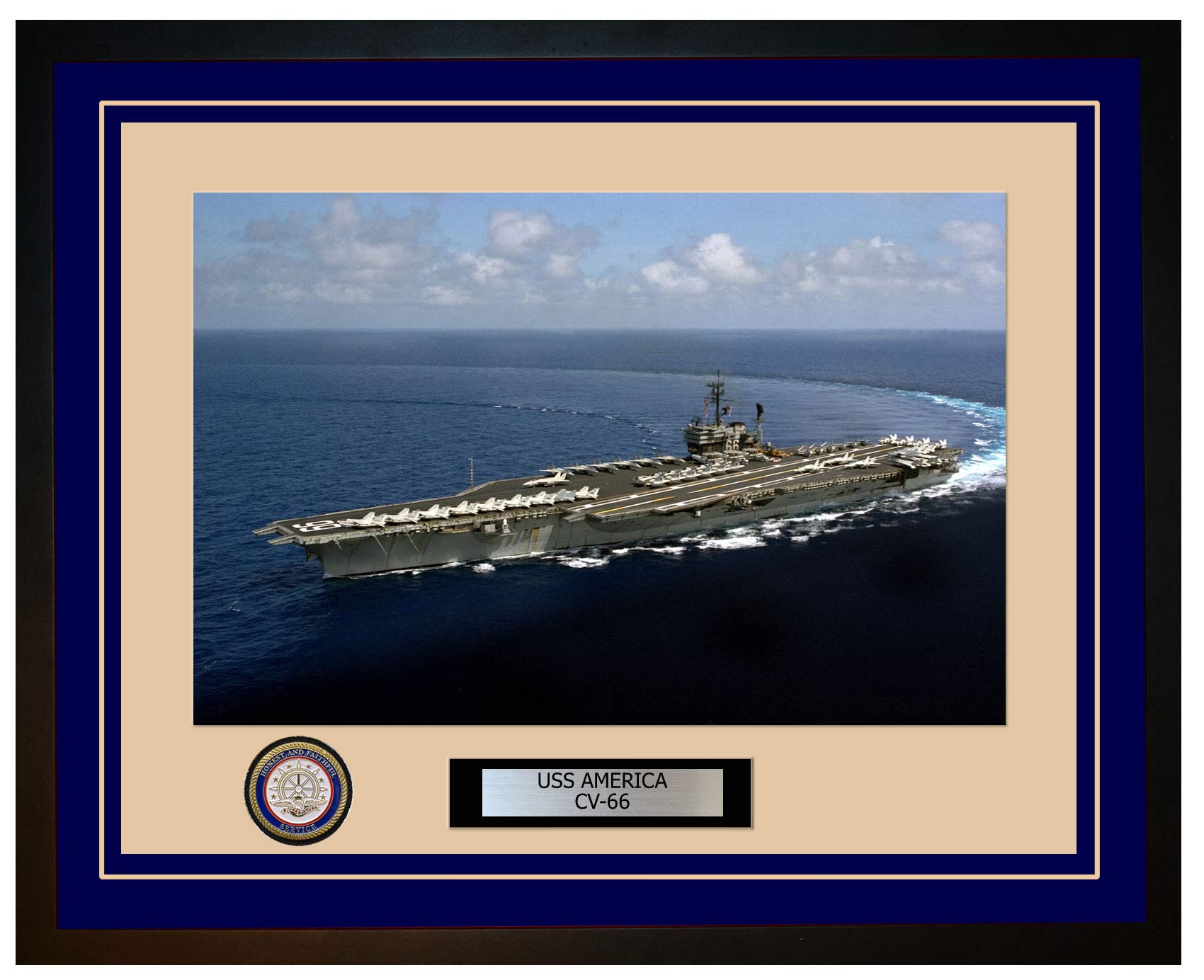 USS America CV-66 Navy Ship Framed Photo - Premium Blue Display - Perfect for Military History Enthusiasts & Home/Office Decor