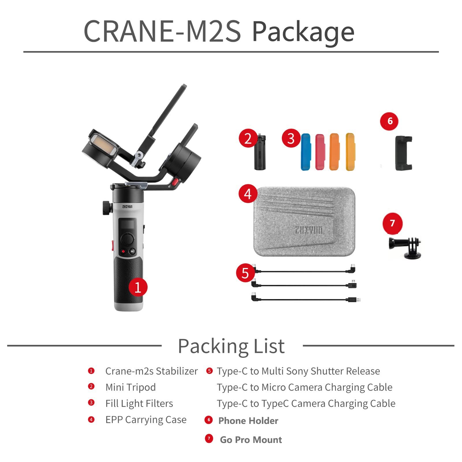 Zhiyun Crane M2S 3-Axis Gimbal Stabilizer for Mirrorless DSLR, Action Camera, GoPro Hero 10/9/7/6/5, iPhone 13 Pro Max/12/11/SE - Includes GoPro Mount & Phone Holder | Perfect for Vlogging, Travel Filming & Smooth Handheld Shooting